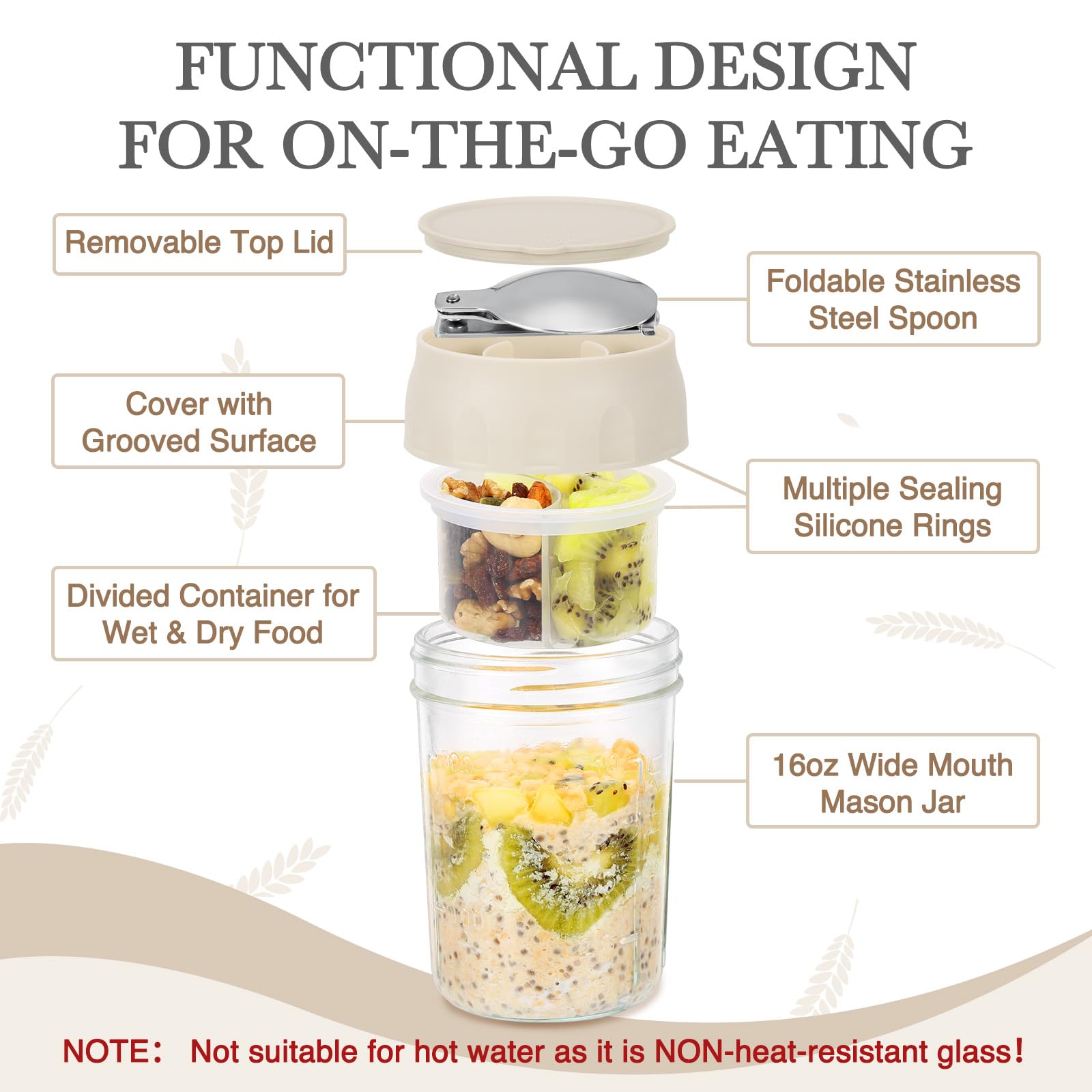 SOLIGT NOVIIML k Overnight Oats Containers with Lids, Folding Spoons and Divided Compartments for Fruit & Nuts, Small Glass 16oz Mason Jars for Oatmeal Yogurt Parfait (2 Set-Oat White/Oat White)