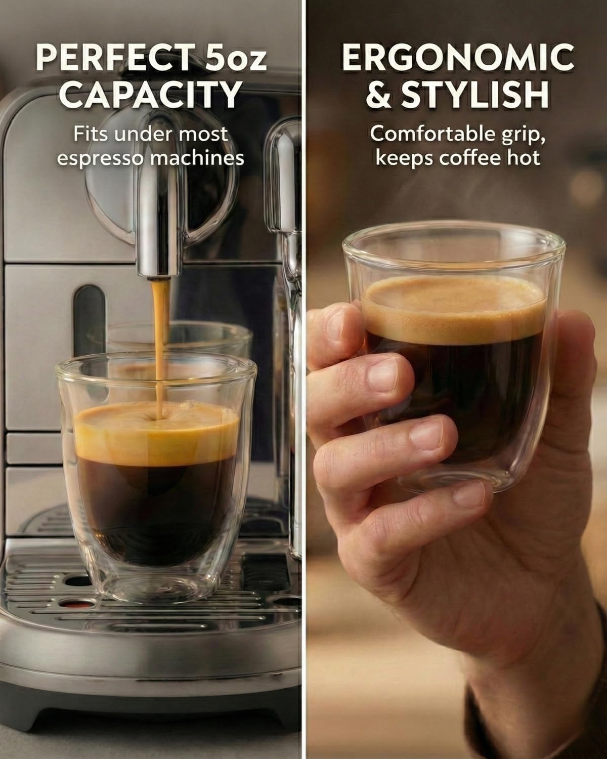 5oz / 150ml Double Walled Espresso Cups, Set of 4 - Glass Coffee Mugs for Cortado, Lungo & Nespresso - Clear Thermal Insulated Demitasse for Cappuccino & Latte - Modern Tasse à Café