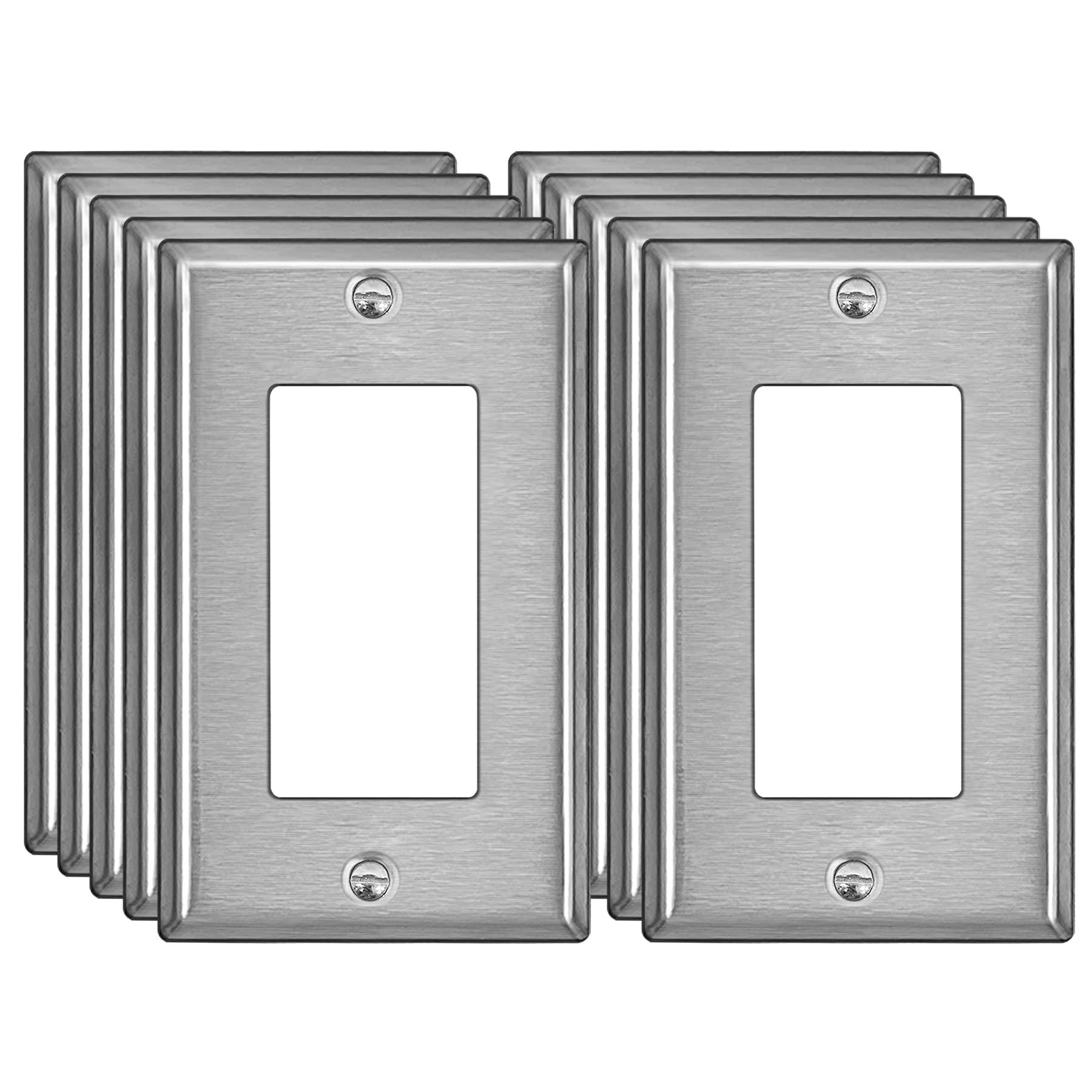 BESTTEN 10 Pack 1-Gang Decorator Metal Wall Plate with Protective Film, Heavy Duty Brushed Finish Faceplate, Corrosion-Resistant Decor Stainless Steel Outlet and Switch Cover, Standard Size, Silver
