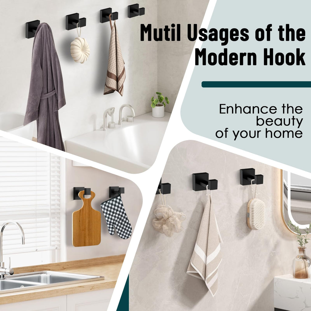 Towel Hooks,SUS304 Stainless Steel Towel Hook Anti-Rust,4 Pack Modern Matte Black Towel Hooks for Bathroom,Heavy Duty Square Hooks,Easy Installation Bathroom Hooks,Black Hooks for Bathroom/Kitchen