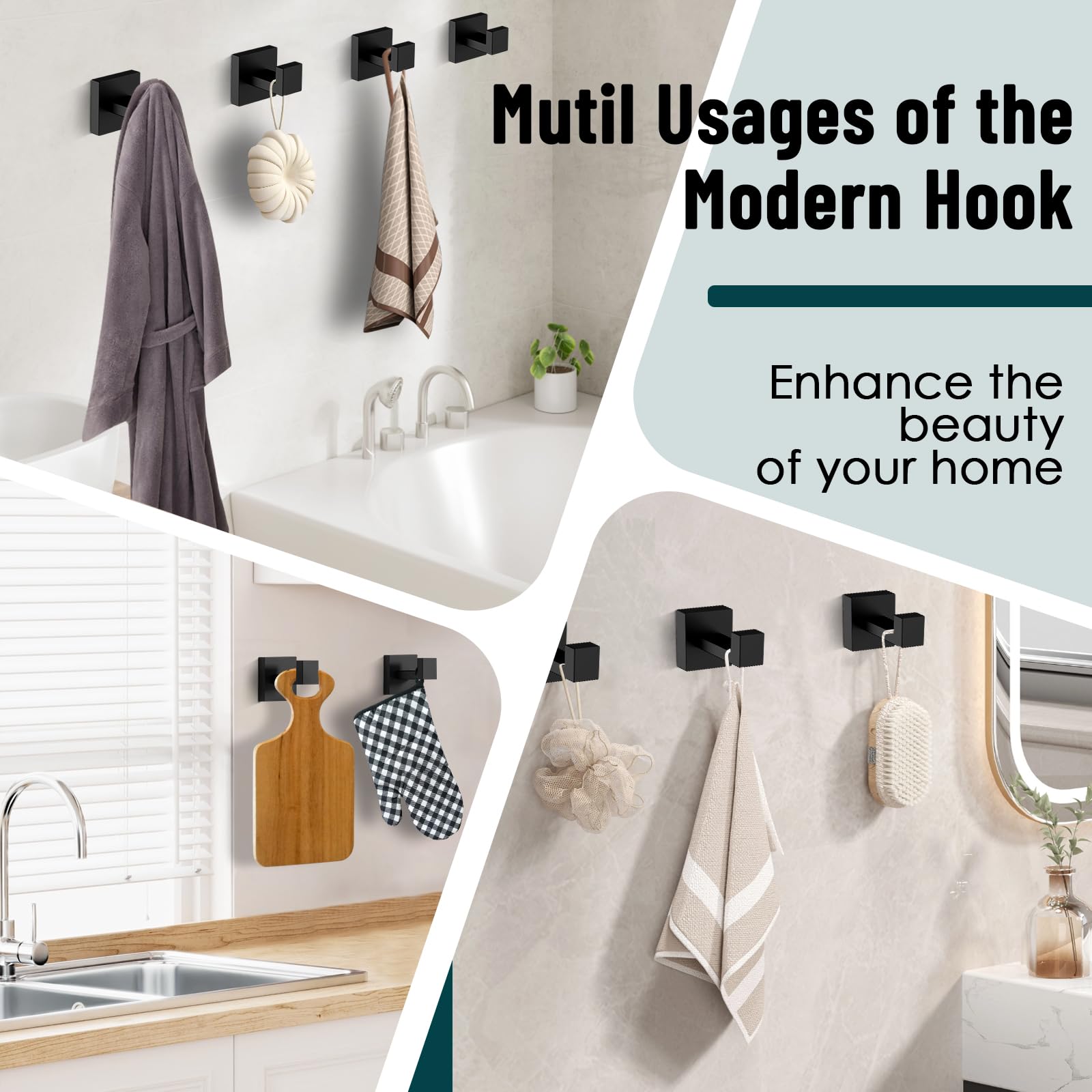Towel Hooks,SUS304 Stainless Steel Towel Hook Anti-Rust,4 Pack Modern Matte Black Towel Hooks for Bathroom,Heavy Duty Square Hooks,Easy Installation Bathroom Hooks,Black Hooks for Bathroom/Kitchen