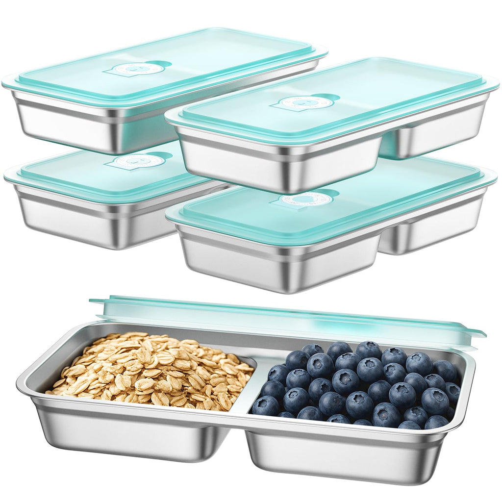 Hotbird Reusable Stainless Steel Snack Containers with Lids for Kids Todder Adults Double Compartment Grab and Go Food Storage Snackle Box Container,16 oz, 4 Pack, BPA Free