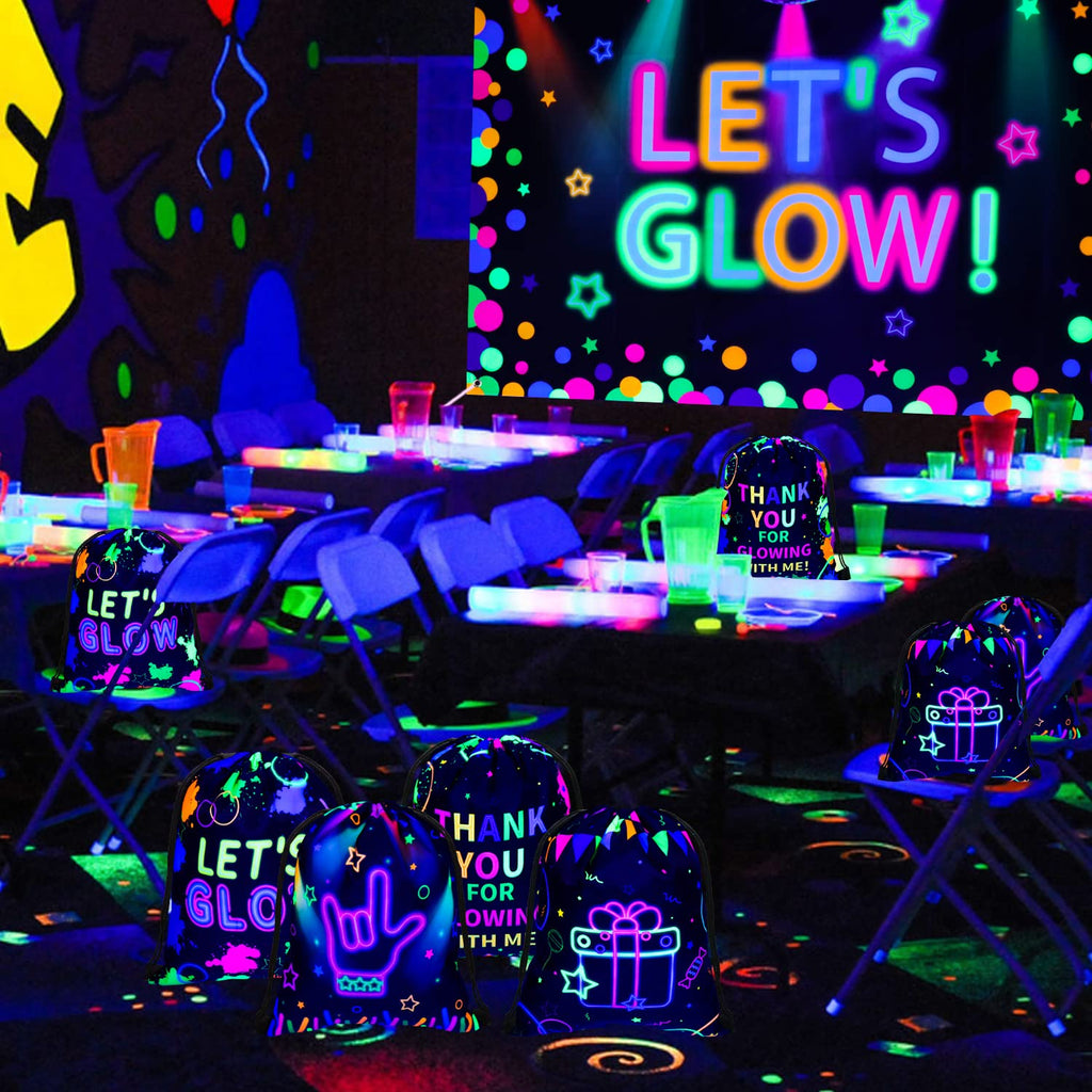 12 Pcs Neon Drawstring Gift Bags Glow Backpacks Goodie Bags Glow Party Supplies Favor Bags for Birthday Party Let’s Glow Party Decorations Glow in The Dark Party Supplies