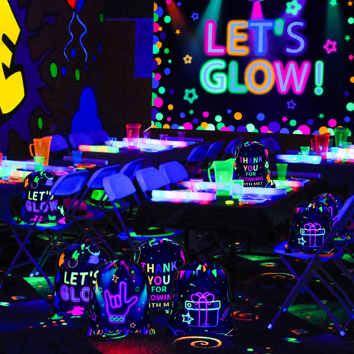 12 Pcs Neon Drawstring Gift Bags Glow Backpacks Goodie Bags Glow Party Supplies Favor Bags for Birthday Party Let’s Glow Party Decorations Glow in The Dark Party Supplies