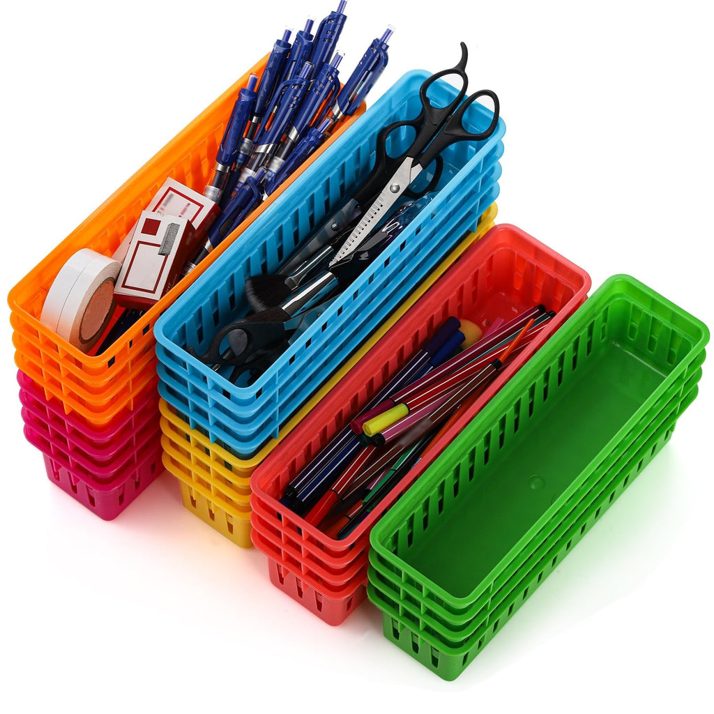 ZEAYEA 24 Pack Classroom Storage Baskets, Classroom Pencil Organizer Baskets for Desk, Drawer, Plastic Pen and Pencil Basket Trays, Crayon Basket for Office Home, 9.3" L x 2.2" W x 2.4" H