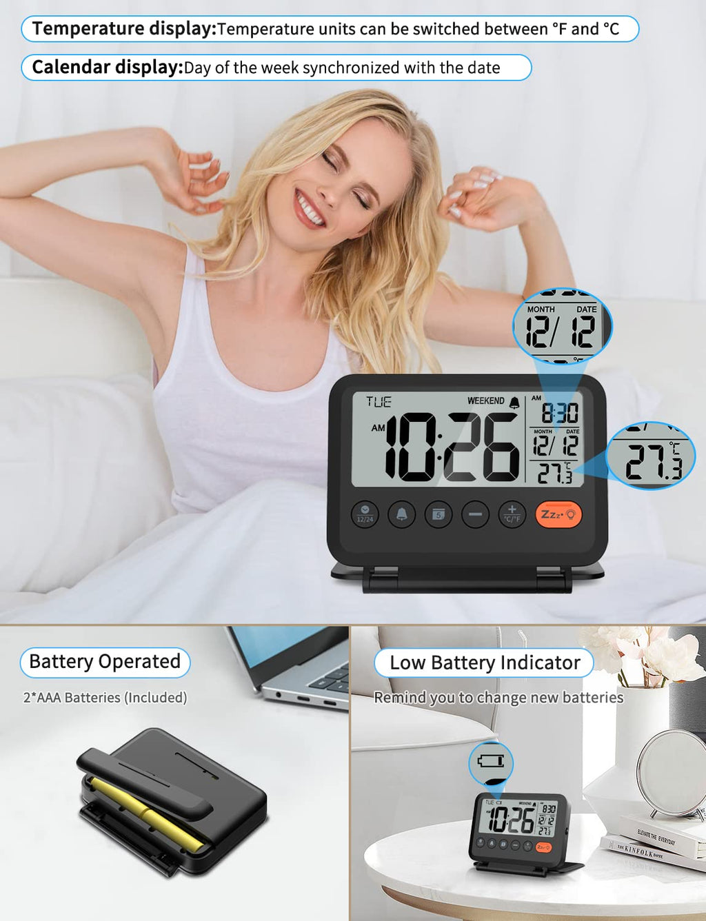 MeesMeek Digital Travel Alarm Clock: Small Bedside LCD Clock with Date Temperature Snooze Backlight 12/24H Weekend Mode and 2 Volume, Desk Clock for Kids Office Bedroom, Battery Included (Black)