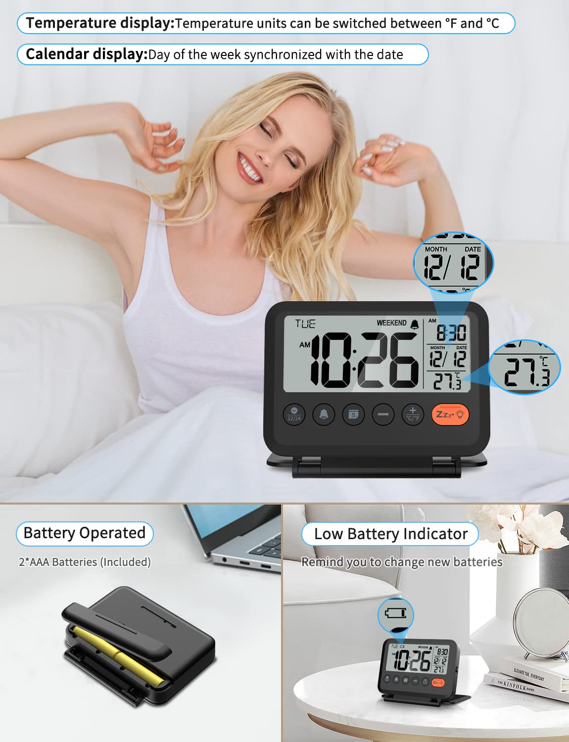 MeesMeek Digital Travel Alarm Clock: Small Bedside LCD Clock with Date Temperature Snooze Backlight 12/24H Weekend Mode and 2 Volume, Desk Clock for Kids Office Bedroom, Battery Included (Black)