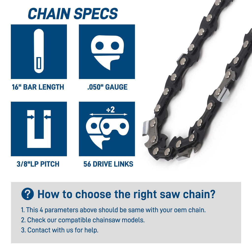 SawWorks 3-Pack 16 Inch Chainsaw Chain 3/8" LP Pitch .050" Gauge 56 Drive Links Fits Echo, Poulan, Greenworks 2904402, Husqvarna S93G, Echo, Craftsman and More