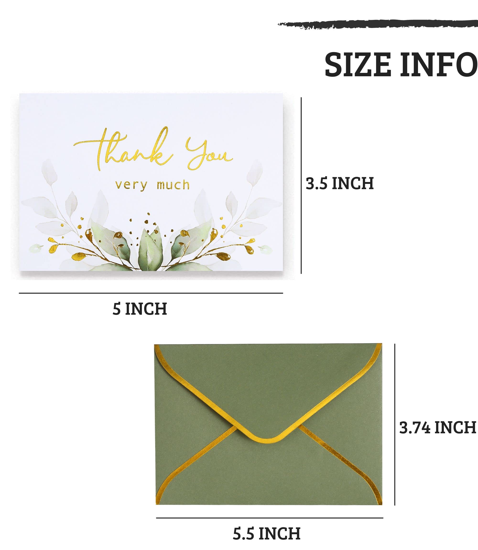 Winoo Design 100 PK Luxurious Gold Thank You Cards with Envelopes Bulk Sage Green - 5x3.5 Inches Wedding Thank You Notes Baby Shower Greenery Bridal Shower Small Business