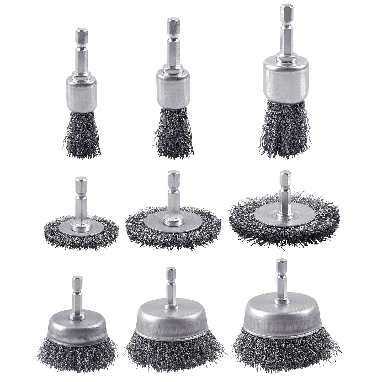 AOKLIT 9 Pack Carbon Steel Drill Wire Brush, 1/4-Inch Hex Shank, Cup/ Wheel/ Pen Brush Set for Rust Removal, Corrosion and Scrub Surfaces