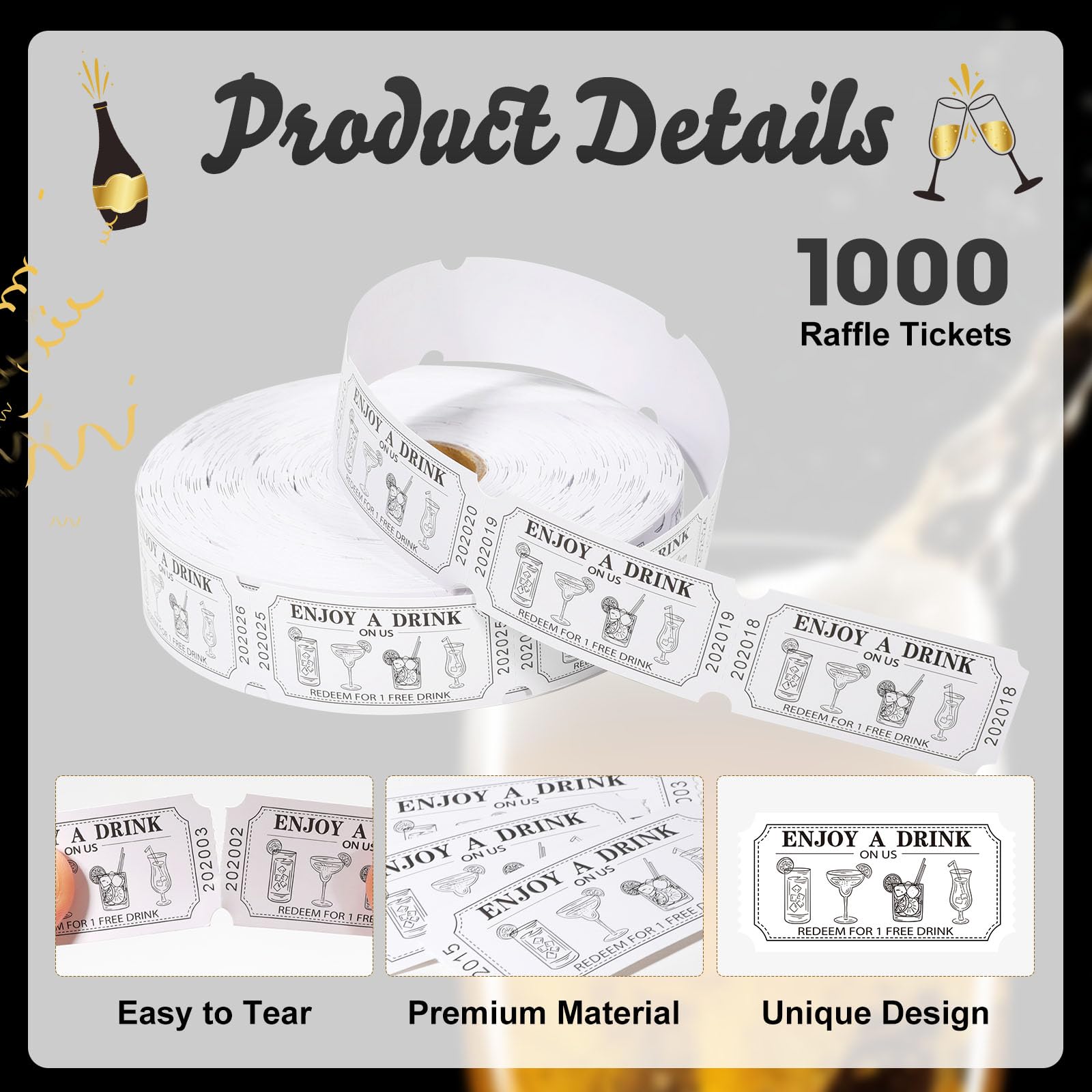 1000 Pcs Drink Ticket Single Raffle Tickets Roll Cocktail Design Free Drink Ticket for Events Wedding Work Formal Parties Leisure Class Reward