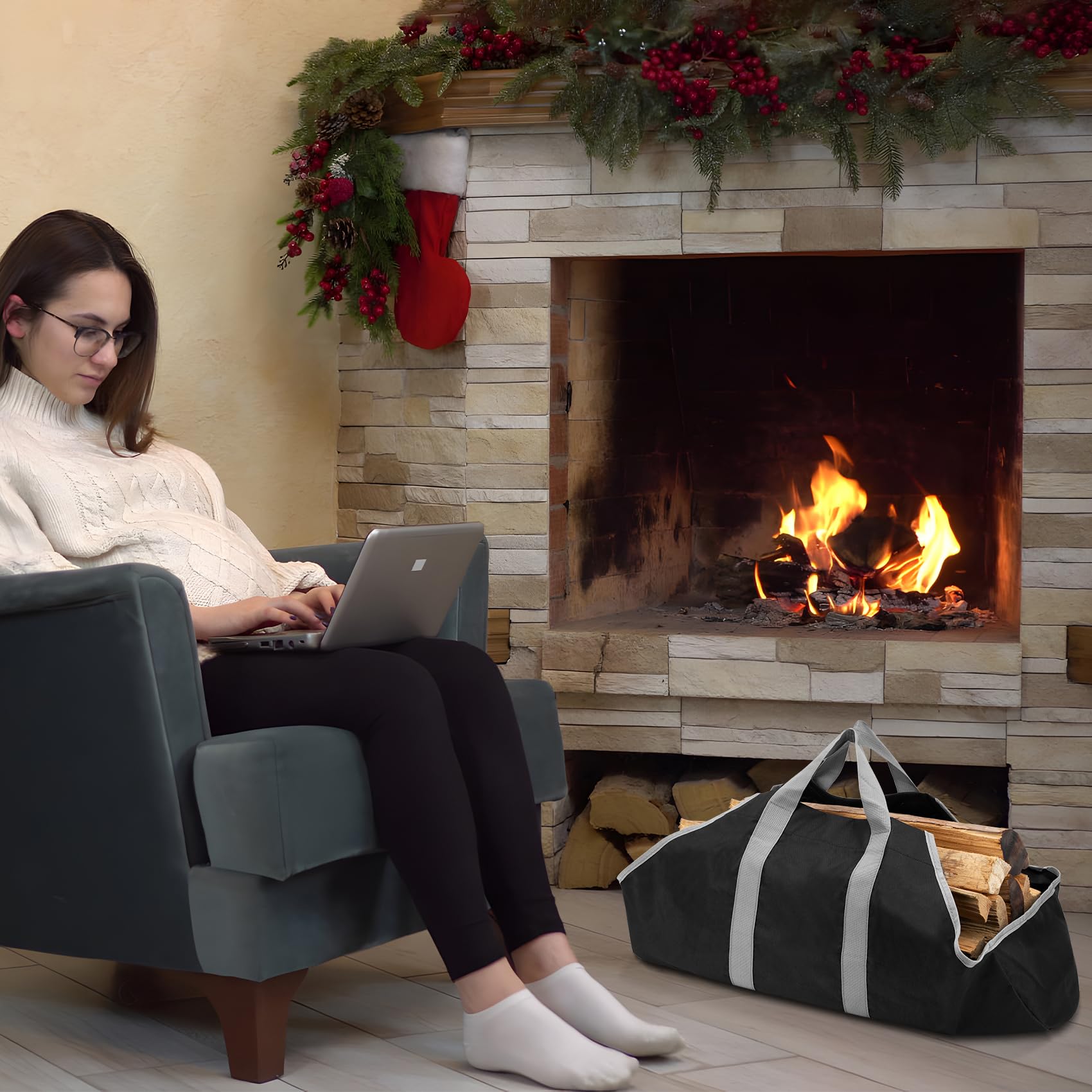 Stanbroil Firewood Log Carrier, Canvas Log Storage Totes Wood Stove Accessories, Log Holder for Fireplace or Camping