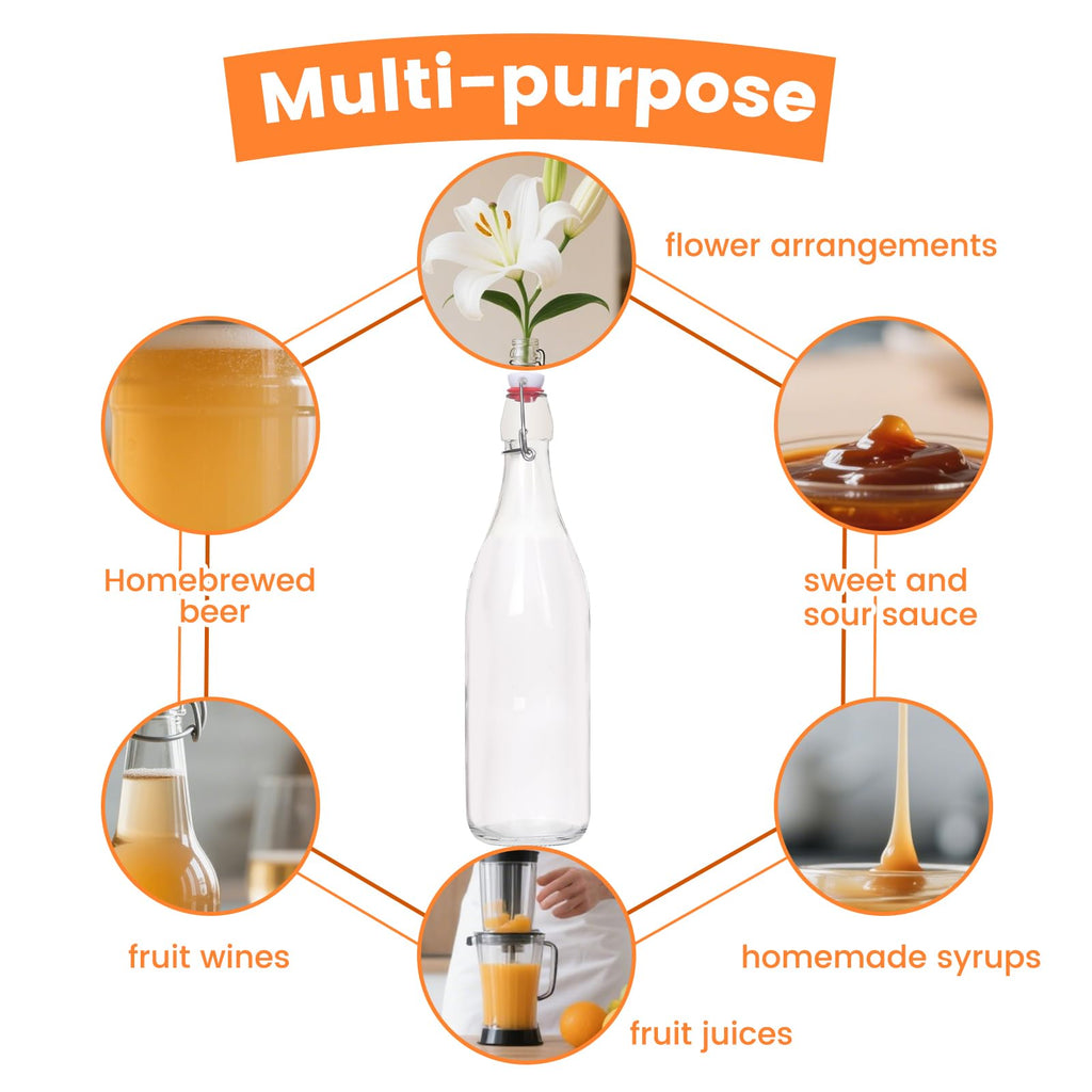 BIGIVACA 4 Pack 32 oz Swing Top Glass Bottles, Flip Top Glass Bottles, Beer Brewing Bottle with Airtight Stopper for Fermentation, Kombucha, Mead, Kefir, Vanilla Extract, Juice
