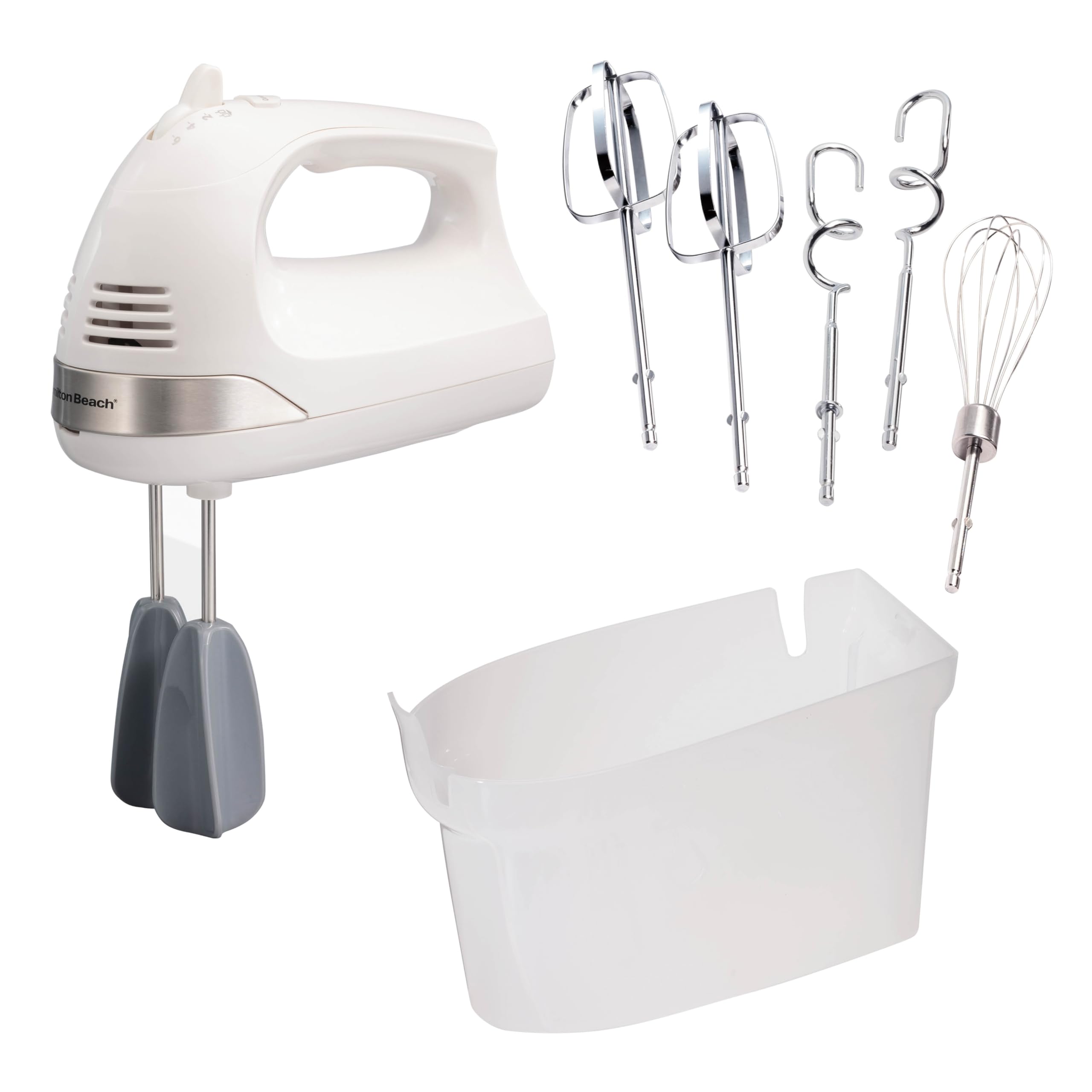 Hamilton Beach 6-Speed Electric Hand Mixer for Baking, 275W, Easy Clean Beaters, Dough Hooks, Whisk, Snap-On Storage Case, White (62636J)