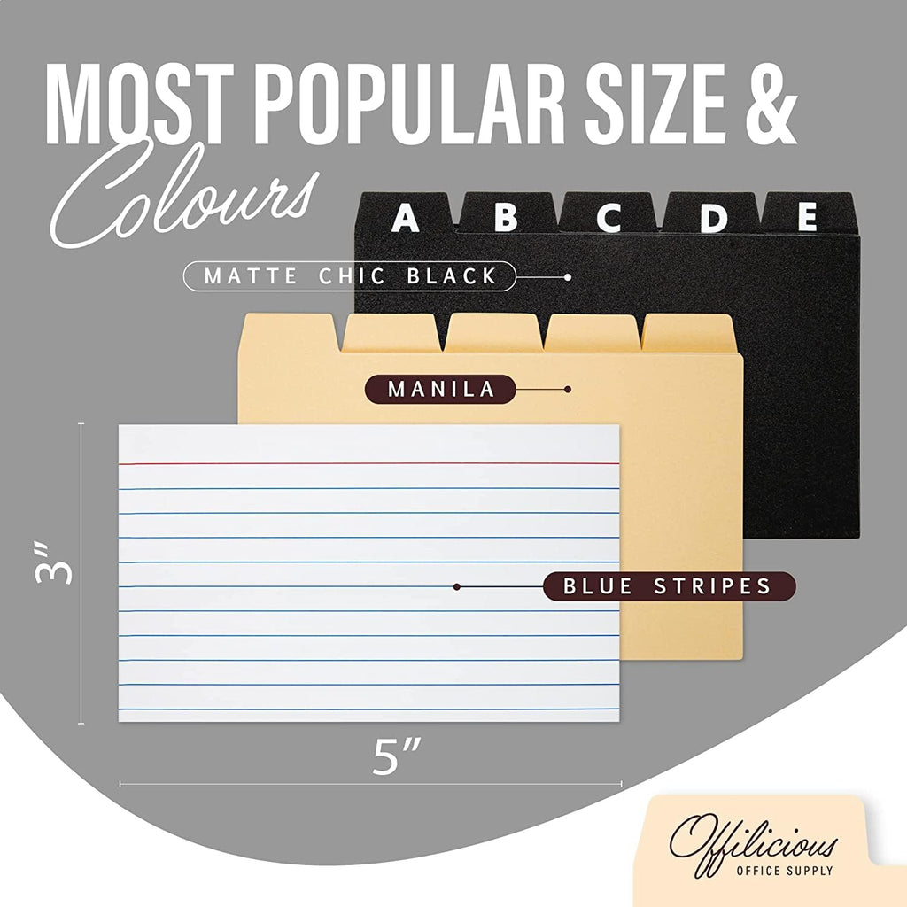 OFFILICIOUS Index Card Holder 3x5" Set – Heavy-Duty Index Card Organizer Box with Dividers – 100 Ruled Index Cards 3x5, 25 Manila Dividers, 25 Plastic Dividers, 72 Easy-Read Stickers & 5 Box Labels