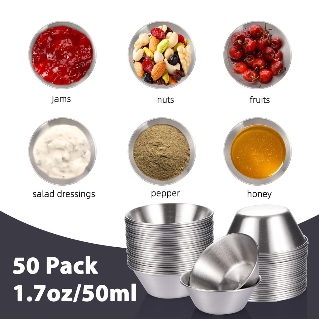 Witheeyou 50 Pack Stainless Steel Sauce Cups, 1.7 oz/50ml Reusable Dipping Sauce Cups, Commercial Grade Round Metal Ramekins, Stackable Individual Condiment Container for Restaurants, Kitchen, Party