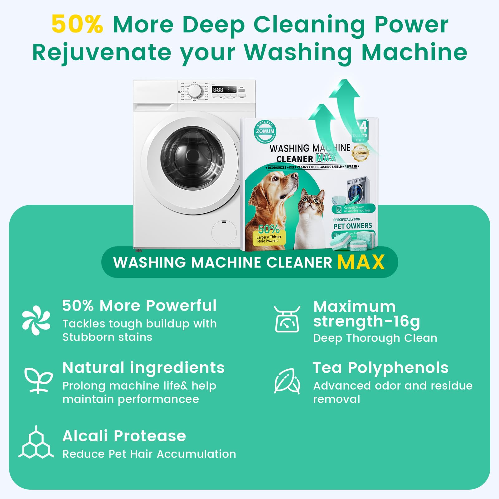 Upgrade Washing Machine Cleaner Tablets - 50% Stronger Formula: 24 Pack - 12 Month Supply, Specially for Pet Owners to Easy Pet Hair Remover for Laundry, Compatible with HE, Top & Front Load