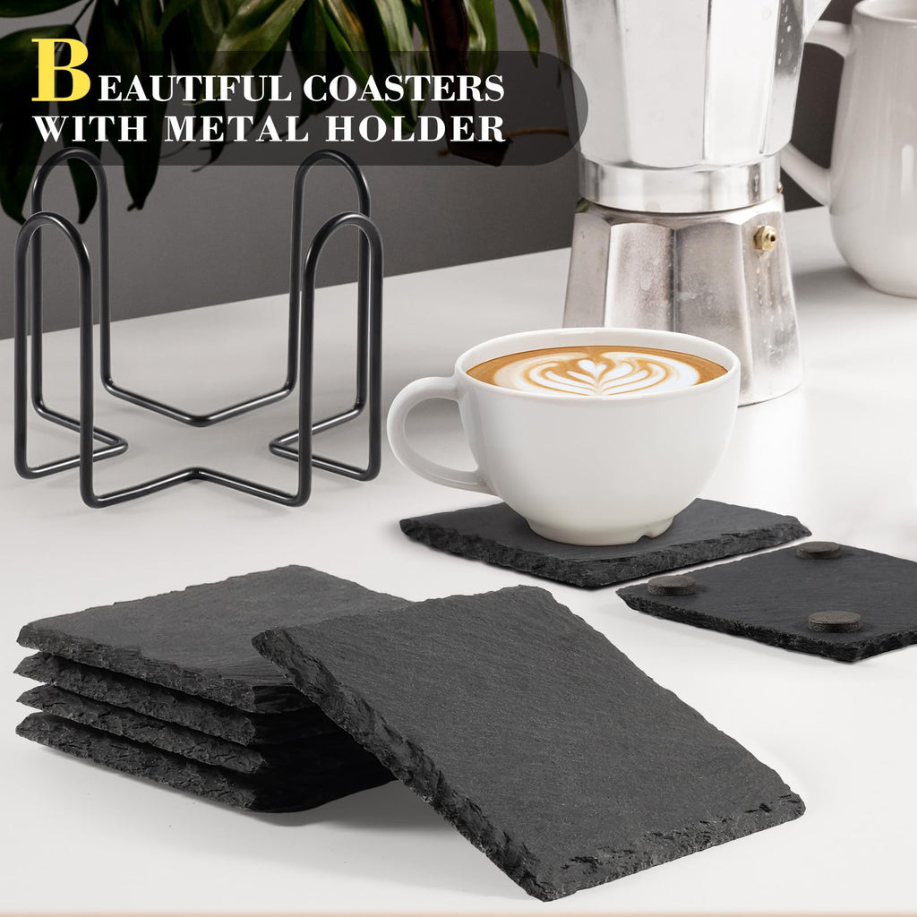 Slate Drink Coasters with Metal Holder, GOH DODD Set of 8 Black Coasters 4 Inch Stone Coaster Set Coffee Table Decor Tabletop Protection for Home Kitchen Housewarming Gifts Wedding Party, Square