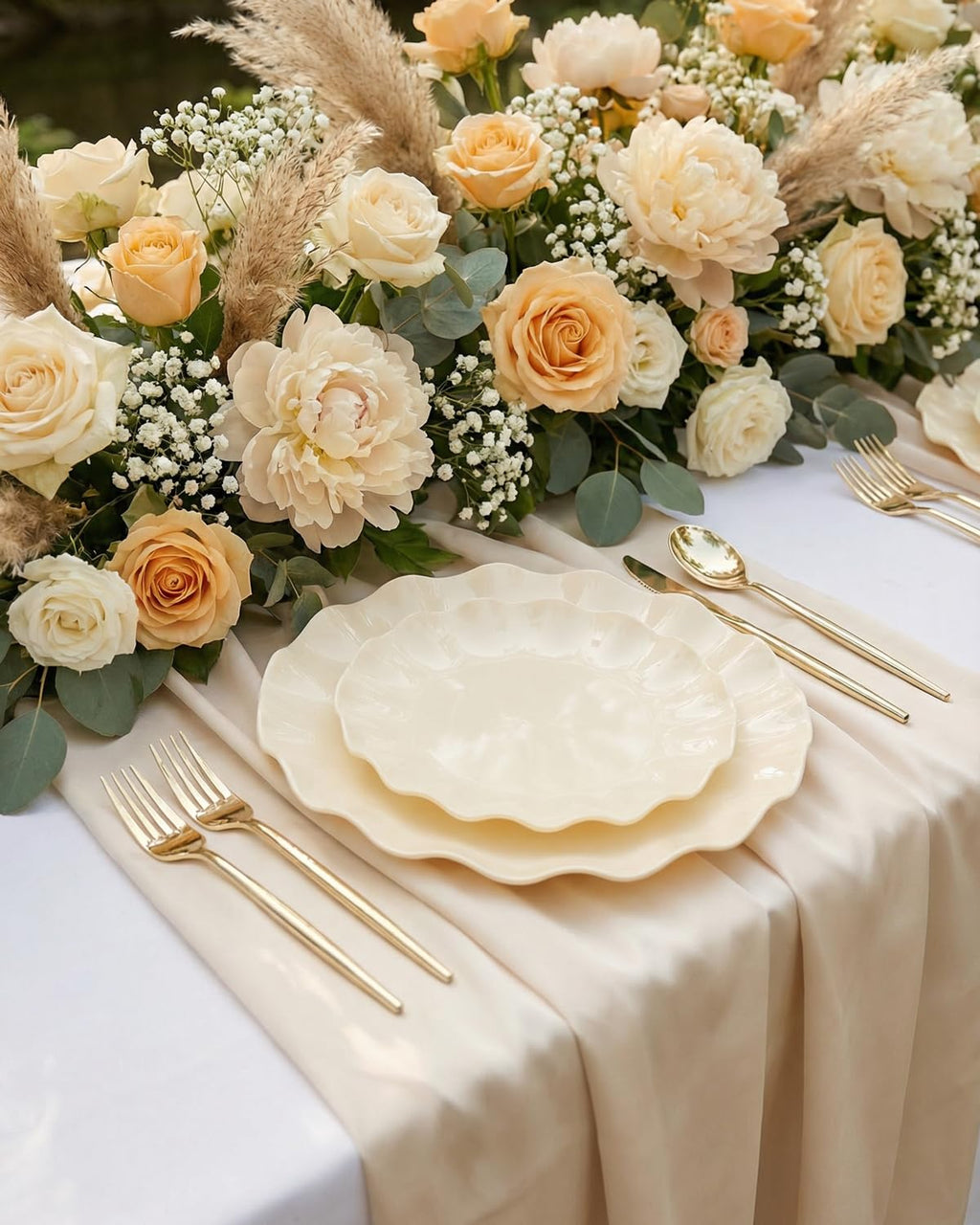 LIYH 24 Pcs Plastic Plates Reusable, Unbreakable Scalloped Plastic Dinner Plates, Dishwasher Safe, Ivory Plate Sets Perfect for Parties, Birthday, Picnics, BPA Free (12Guests)