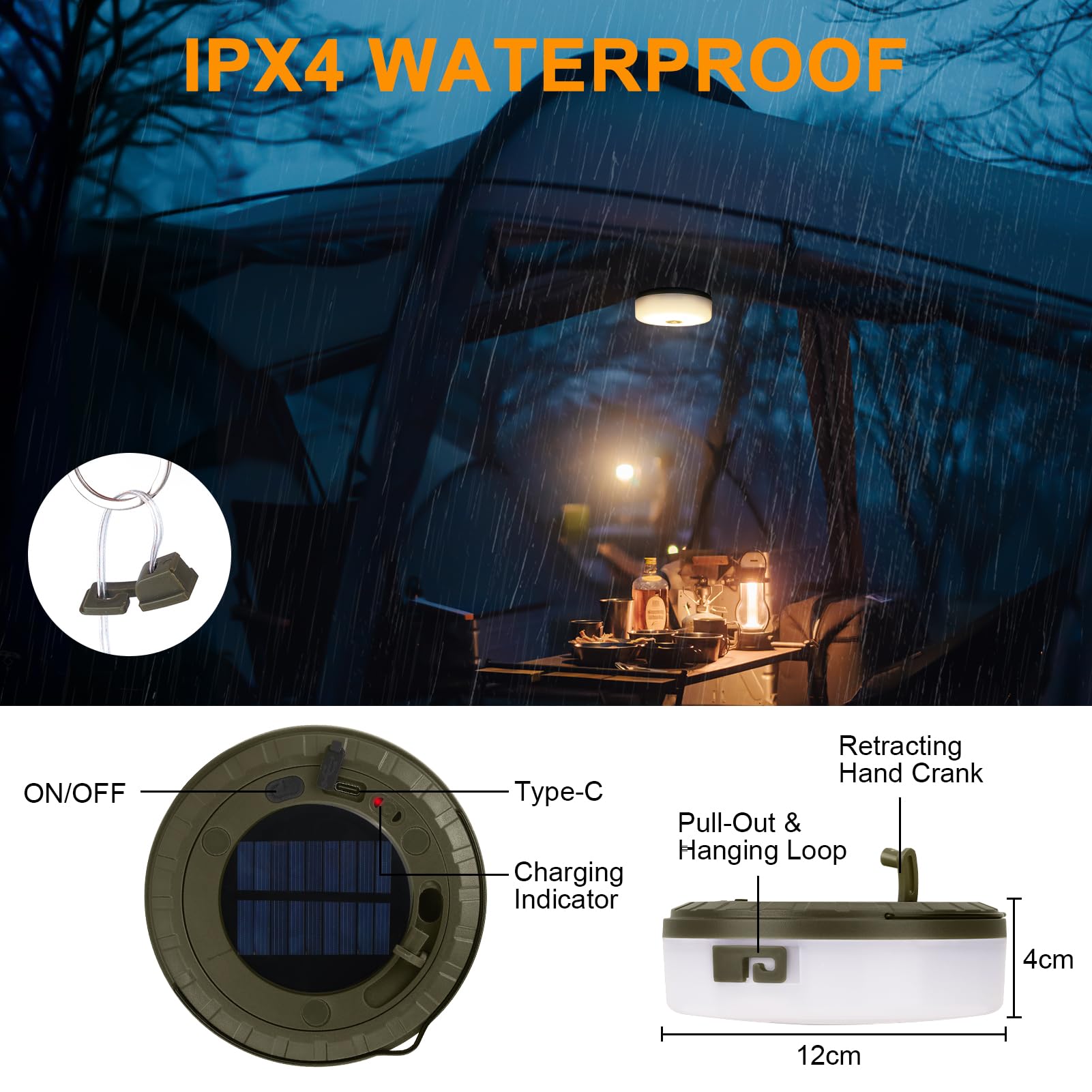 RISEMART Camping String Lights Rollable 10M, Camping Lamp with Solar Charging Waterproof Portable Rollable String Lights Outdoor with 5 Lighting Modes for Hiking and Yard Decoration