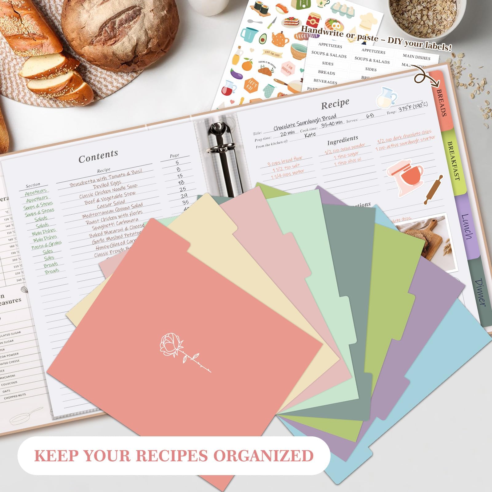 Lanpn Recipe Binder 8.5x11 3 Ring Kit, Waterproof Recipe Book Organizer Binder with 60 Plastic Sleeves,116 Recipes, Dividers,Labels & Stickers, Blank Recipe Binder to Write in Your Own Recipes, Green