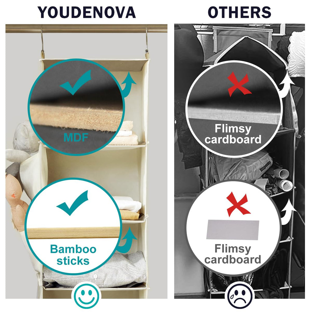 YOUDENOVA Hanging Closet Organizer, 6-Shelf Closet Hanging Storage with Side Pockets, Beige