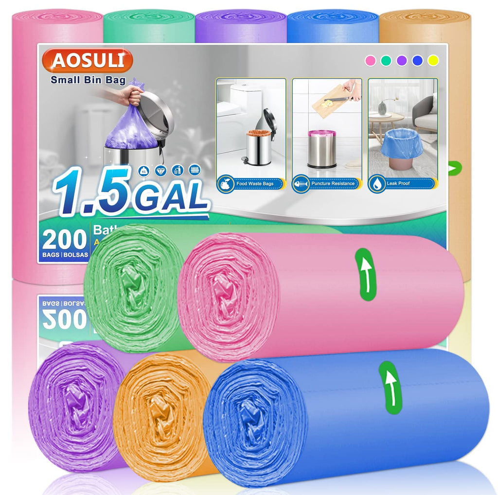 1.5gal Small Trash Bags AOSULI 200 Counts Garbage Bags Colourful Bin Liners for Home Office, Lawn,Bathroom,Toilet Wastebasket (Fits 0.8,1.5,1.2 Gal Gallon Bins)
