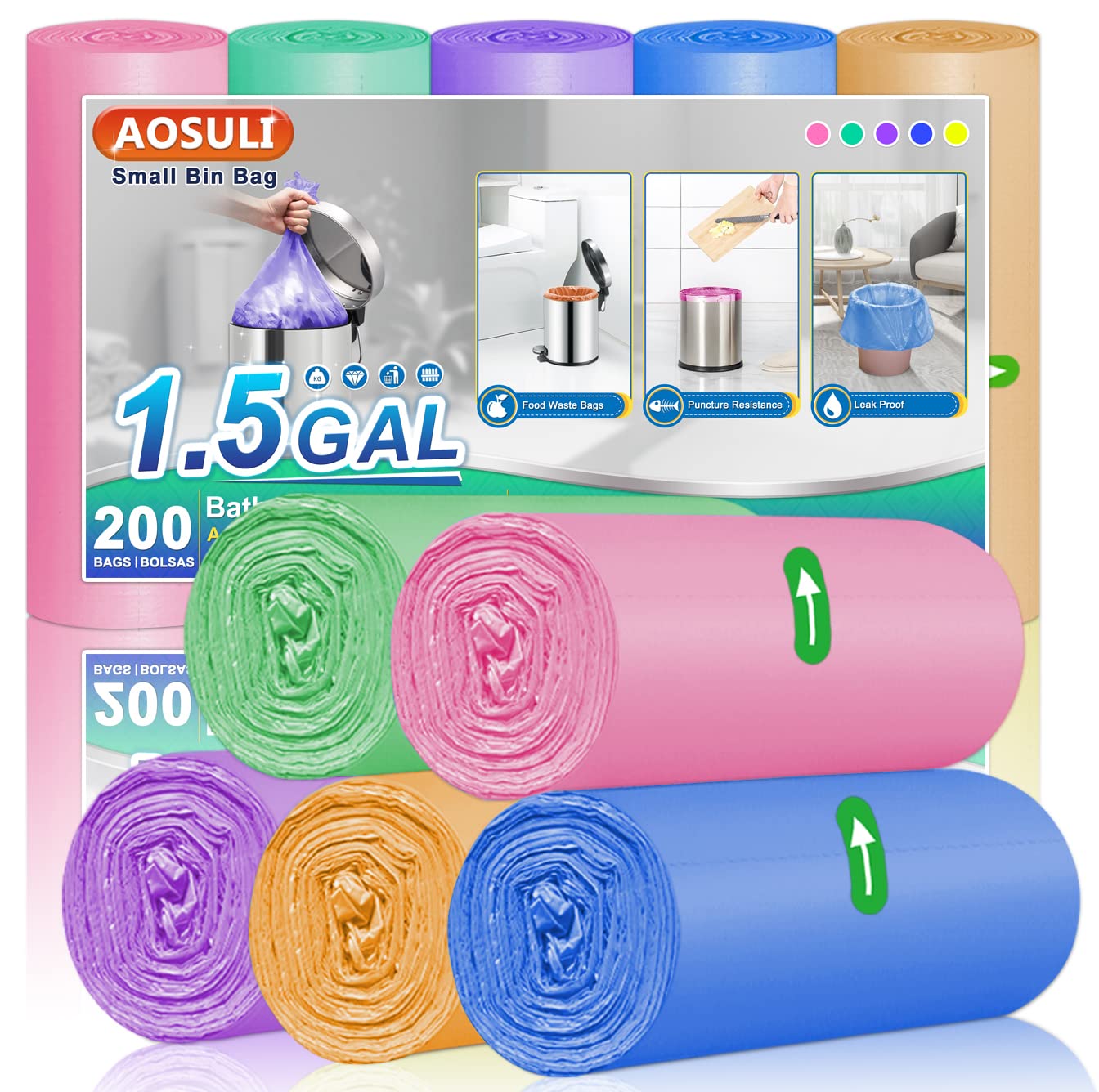 1.5gal Small Trash Bags AOSULI 200 Counts Garbage Bags Colourful Bin Liners for Home Office, Lawn,Bathroom,Toilet Wastebasket (Fits 0.8,1.5,1.2 Gal Gallon Bins)