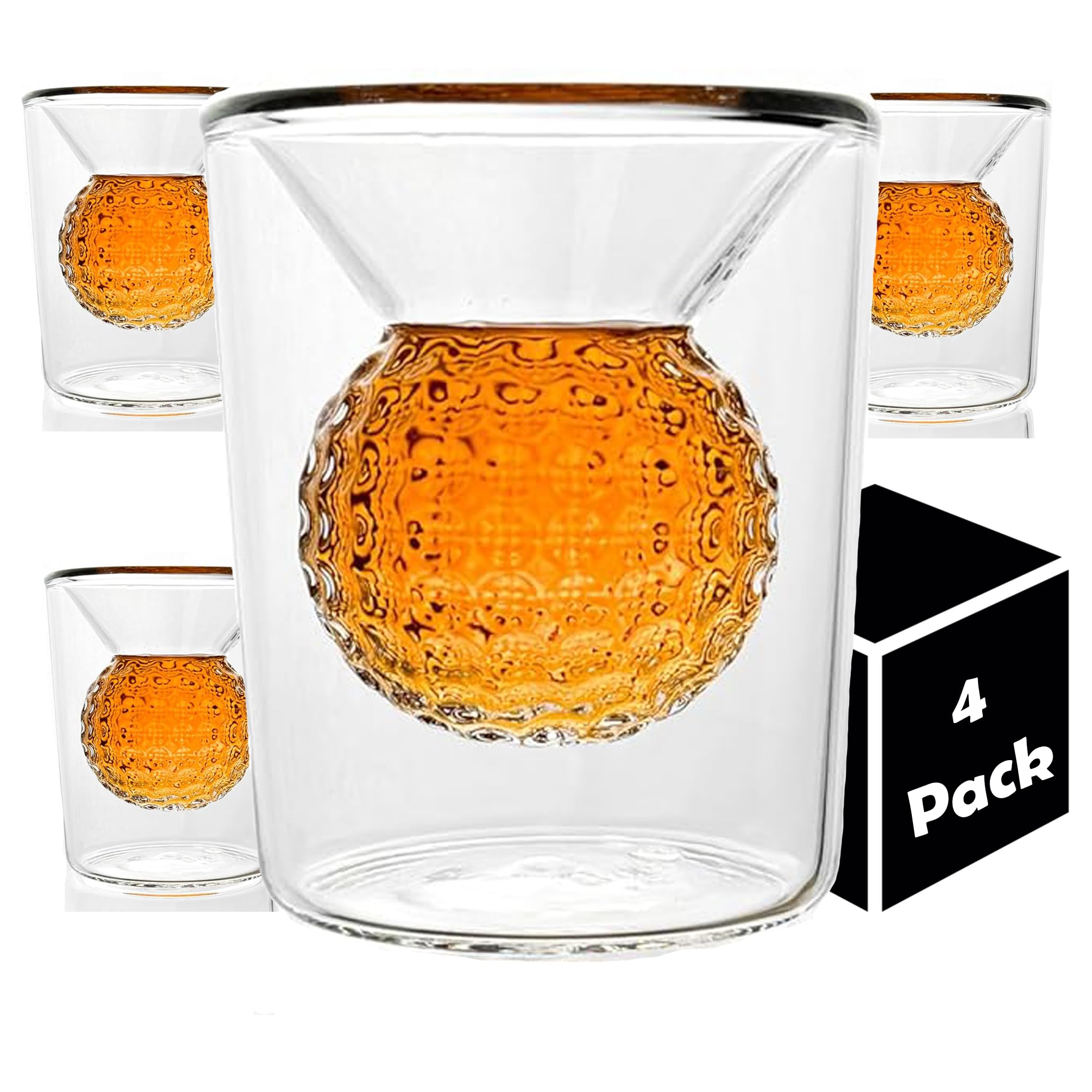 Golf Ball Shot Glass Set Funny Handmade Golf Gifts for Men - 2 oz Double Walled Glasses with 3D Shape Golf Ball Inside for Tequila, Scotch, Whiskey, Bourbon, and Cocktail (4)