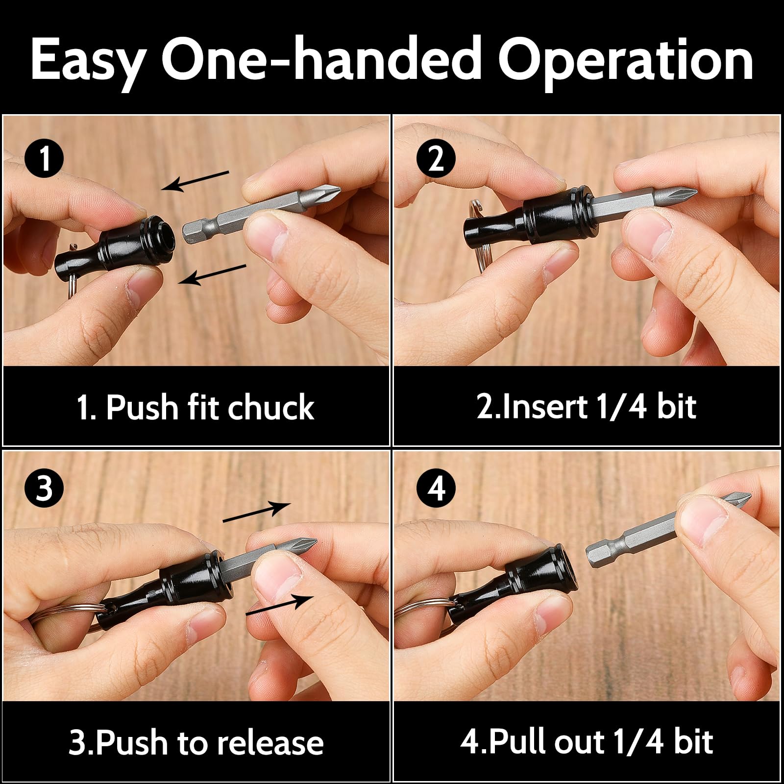 Upgrade 12 Pcs Bit Holder Keychain with 2 Black Carabiner, 1/4 Inch Hex Shank Screwdriver Bits Holder, Screw Adapter Quick Release Hand-Held Impact Socket Holder for Electric Screwdrivers (Black-2set)