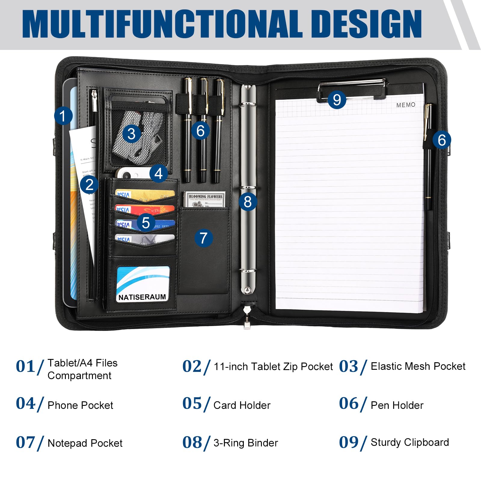 NATISERAUM Padfolio with Handle, Portfolio Binder 3-Ring, Zipper Binder for Business School, Vegan Leather Portfolio for Students with Notepad Includes 5 Sheet Protectors for Documents Files and 1 Pen