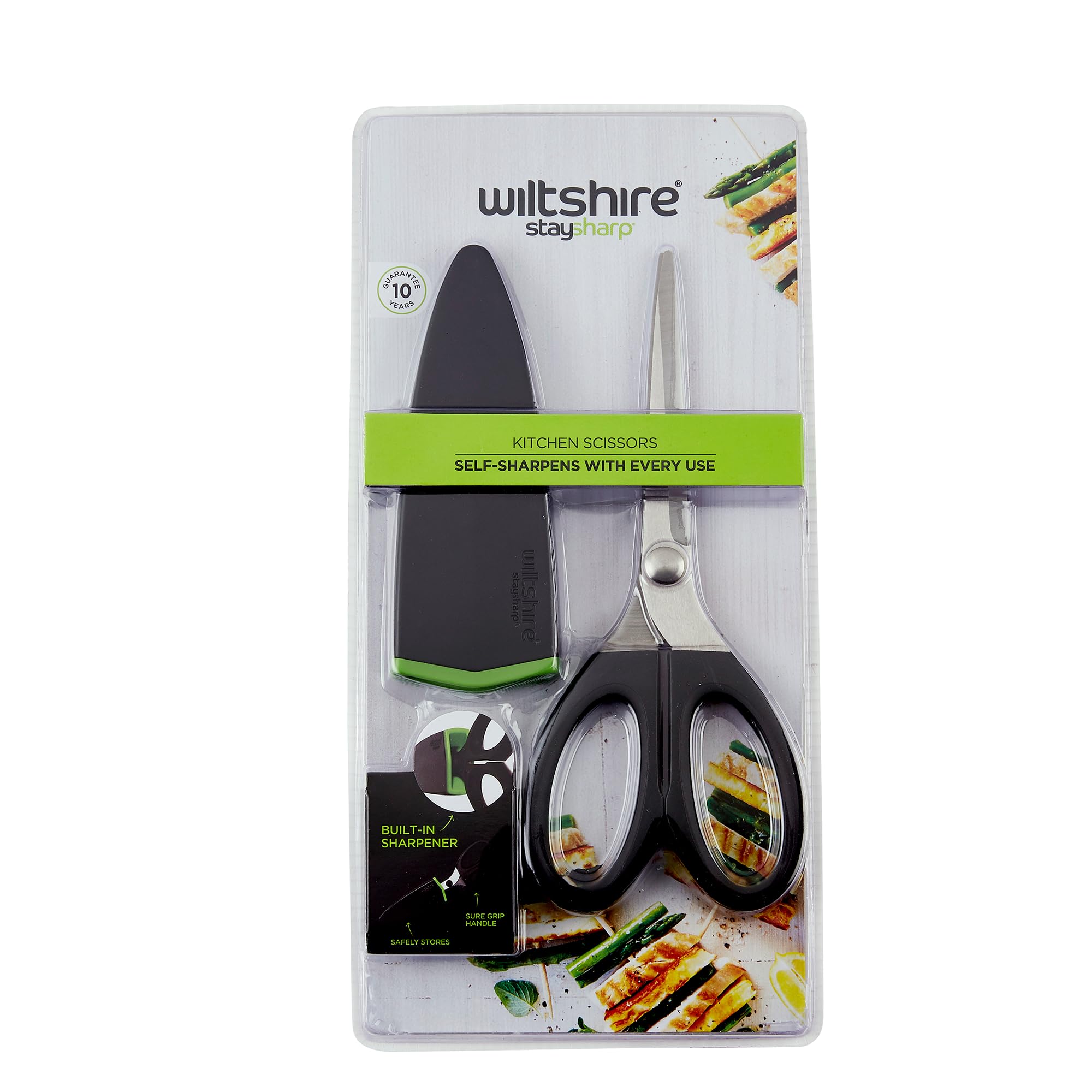 Staysharp Scissors, Kitchen Scissors with Built-in Sharpener, Keep Your Scissors Sharp at All Times, Slim Design Scabbard, Pull-Apart, Soft Touch Handles for Easy Cleaning, Black, 10-Year Guarantee