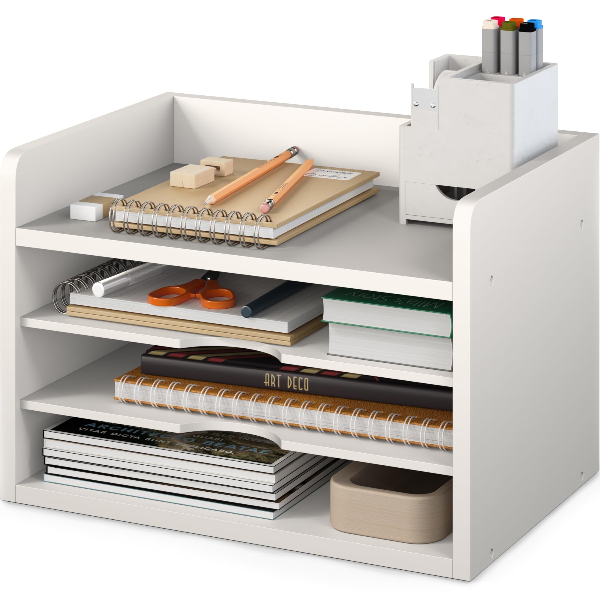 Ballucci File Organizer, 4-Tier Office Desk Organizer, Open Top Wood Paper Organizer for Classroom, Desktop Mail Sorter Paper Tray, White