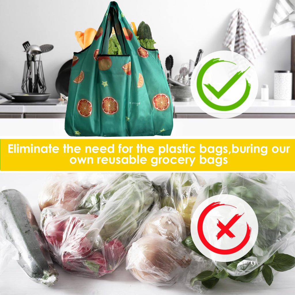 OQOQ 4 Pack Foldable Grocery Bags - Reusable Shopping Bags Tote Bags Folding into Pouch for Shopping Travel Home Organization Outdoor Camping(B)