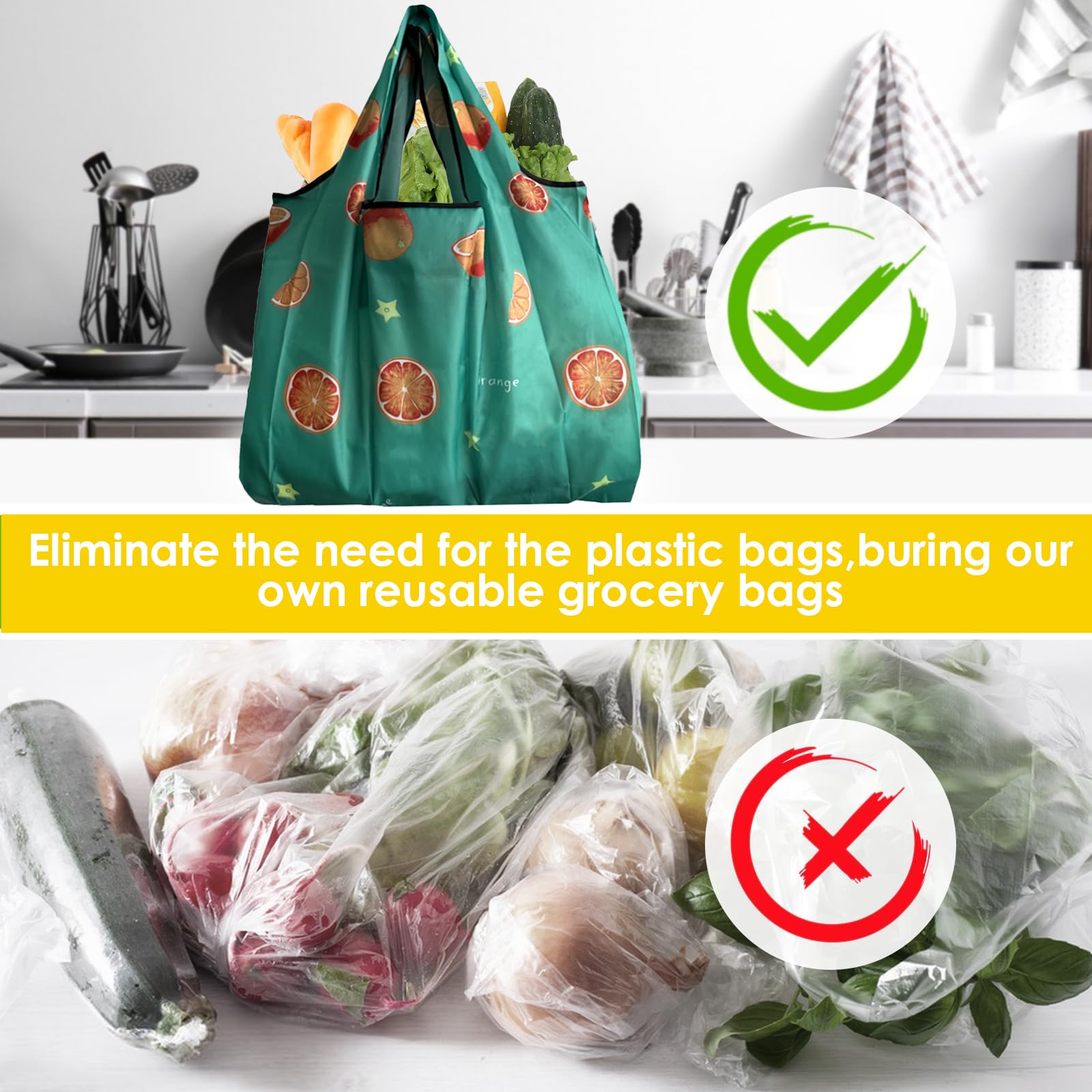 OQOQ 4 Pack Foldable Grocery Bags - Reusable Shopping Bags Tote Bags Folding into Pouch for Shopping Travel Home Organization Outdoor Camping(B)