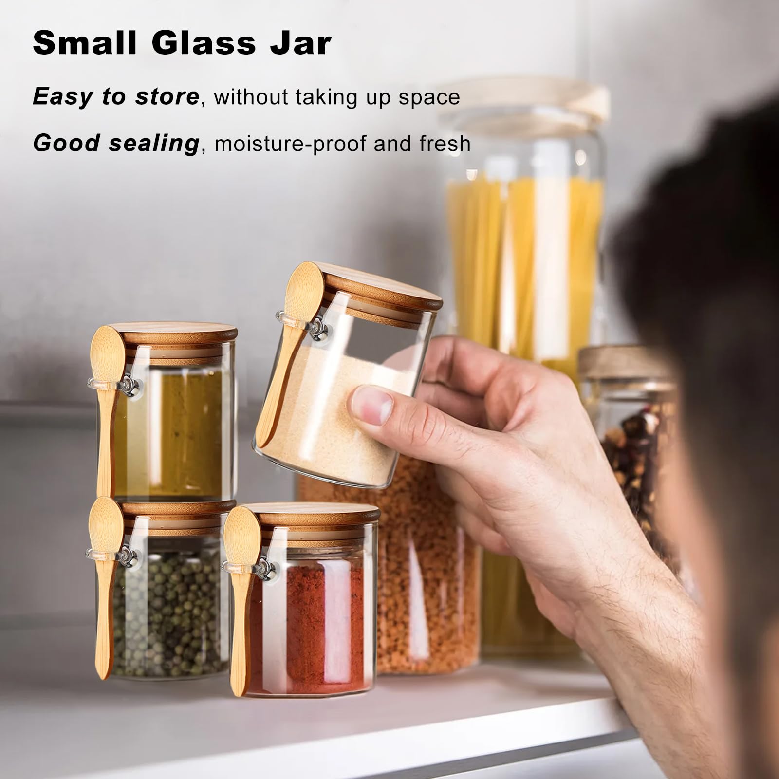 Spice Jars with Label 7oz Glass Storage Containers with Lids and Spoon Small Glass Jars for Overnight Oats Cereal Containers Storage Meal Prep Jars for Sugar Yogurt Chia Pudding Salt Candy 8pcs
