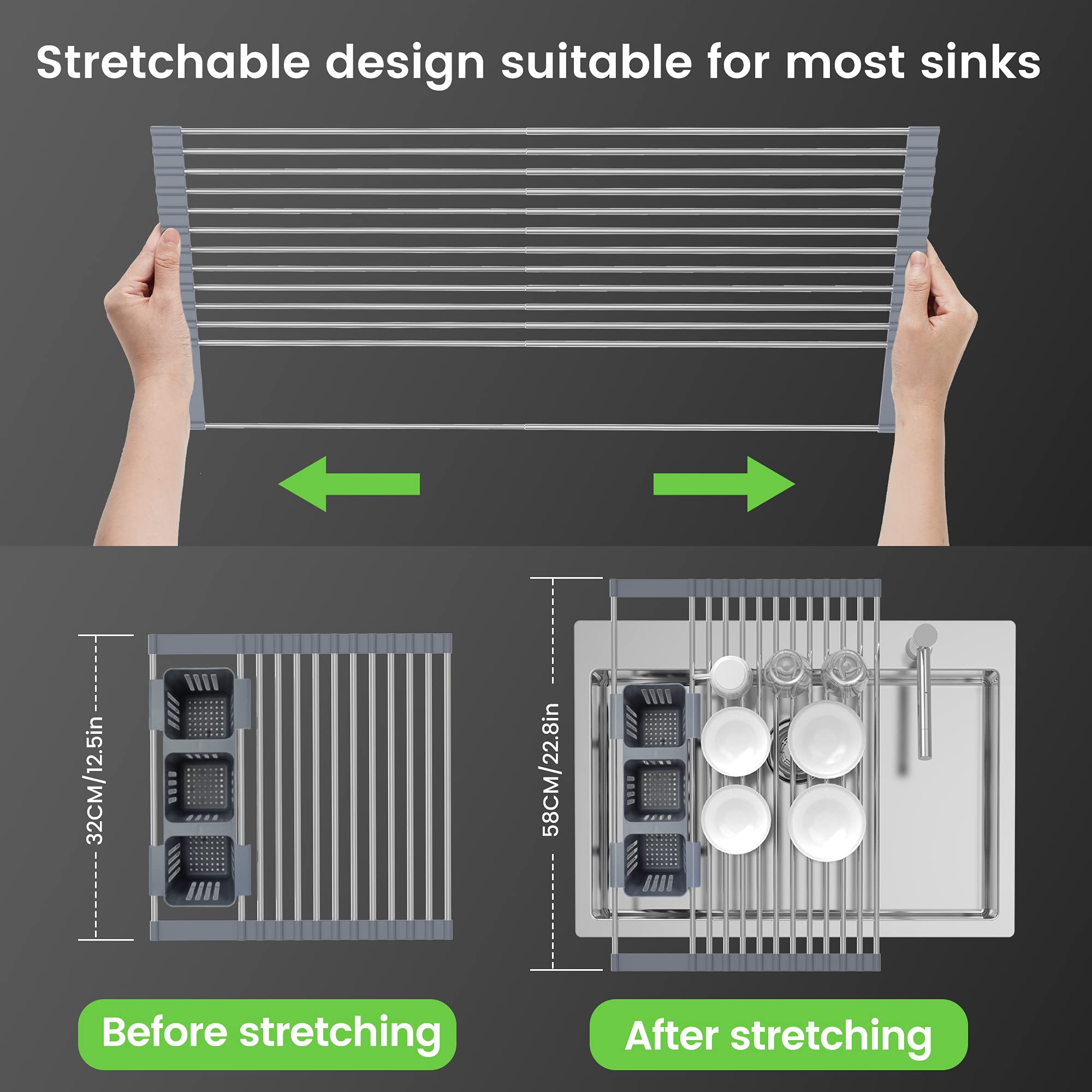Expandable Roll Up Dish Drying Rack Up to 22.8''with 2 Storage Baskets,Over The Sink Kitchen Rolling up Dish Drainer Dish Drying Rack in Sink, Foldable,Rollable,for Kitchen Dishes,Cups,Fruits,Forks