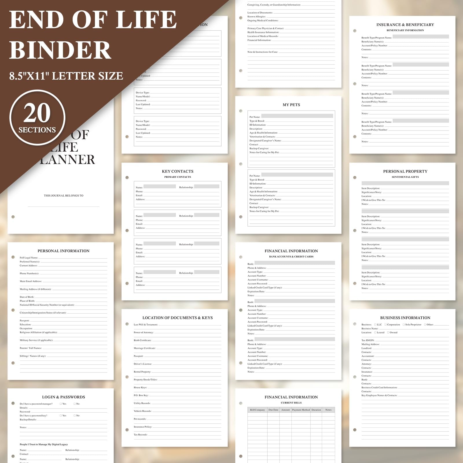 Lanpn End of Life Binder - 8.5x11, Final Wishes & Estate Document Folder with 8 Dividers & 10 Letter Size Binder Pockets, Death Planner Organizer, Before Death Life Plan When I Die Journal Book
