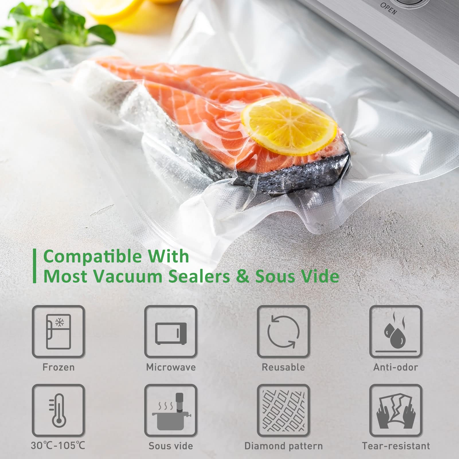KitchenBoss Vacuum Sealer Bags Rolls: 8'' x 50' 2 Pack Sac Sous Vide for Food Saver, BPA Free, Commercial Grade Food Vac Seal Roll, Food Saver Bag 100FT in Total (8IN* 50FT 2 Rolls)