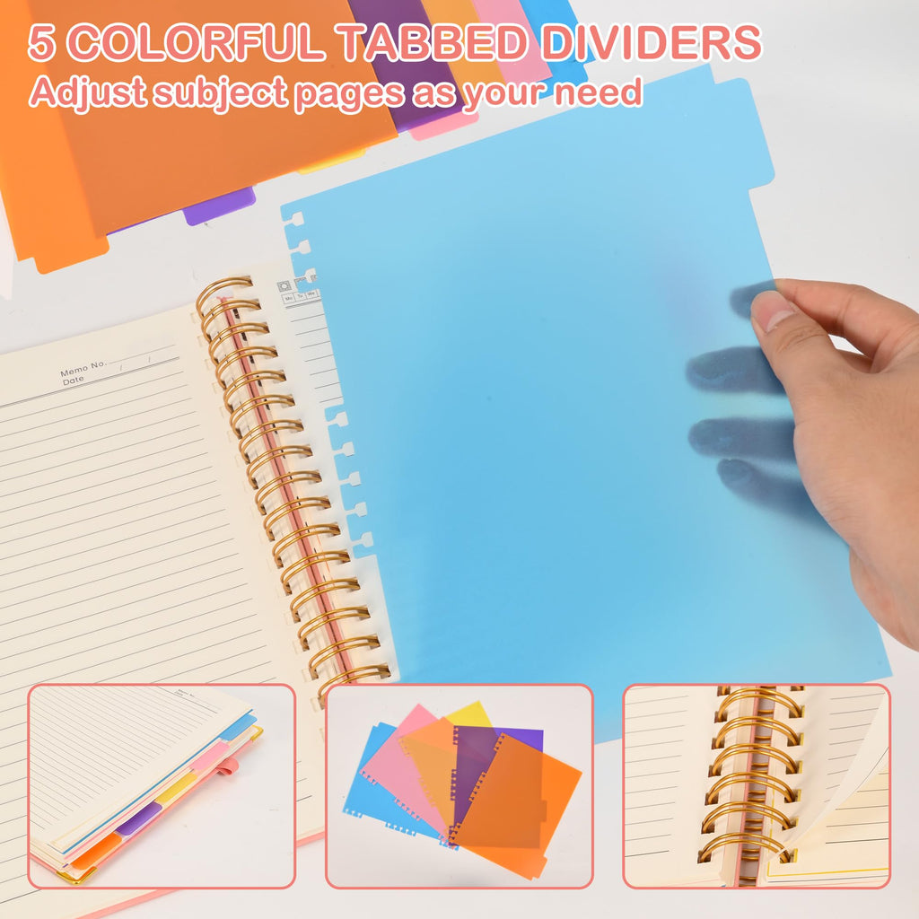 5 Subject Notebook with Removable Dividers Tabs, 300 Pages Leather Hardcover Spiral Notebook College Ruled, 8"x10" Large B5 Notebooks for Work School, Lined Journal for Women, Pink