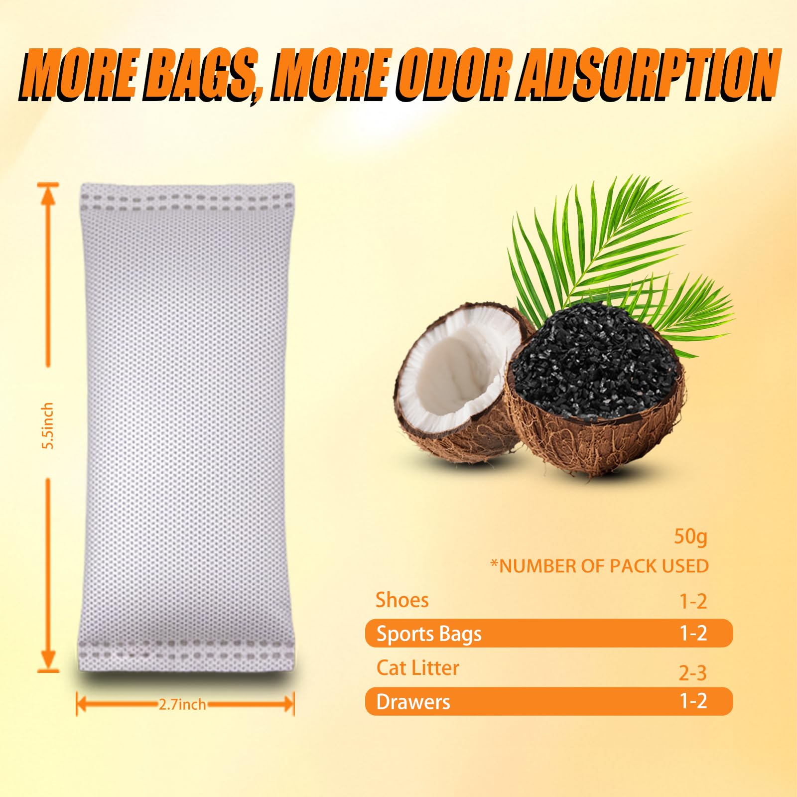 Coconut Shell Charcoal Air Purifying Bags 50g, Removes Odors and Moisture, Nature Fresh Air Purifier Bags, Odor Eliminator for Home, Car, Pets, Bathroom, Basement