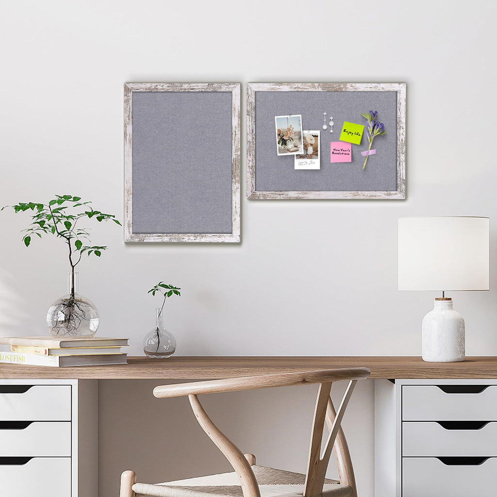 Aitakatta Gray Felt Cork Board Bulletin Board, Decorative Hanging Cork Boards for Walls with White Rustic Wood Frame, Pin Board Vision Board for Office Home and School with Pins, Screws (4333,WH,1pc)