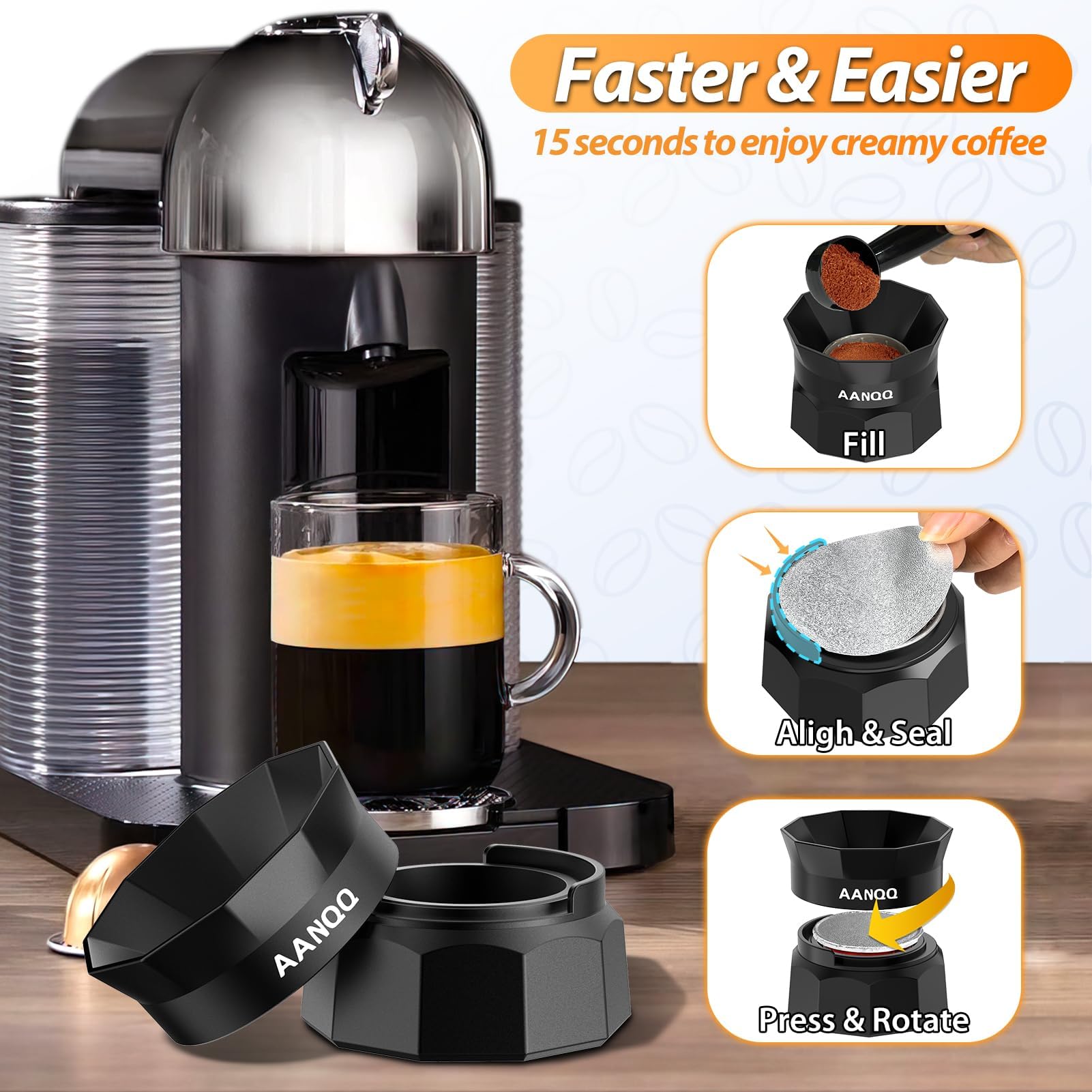 Reusable Nespresso Vertuo Pods Kit: Vertuo Refillable Pods for Faster Seal Nespresso Pods Vertuo Espresso VertuoPlus Coffee Capsules - with 100Pcs Aluminum Foil Seal Lids, Scoop and Lid Opener