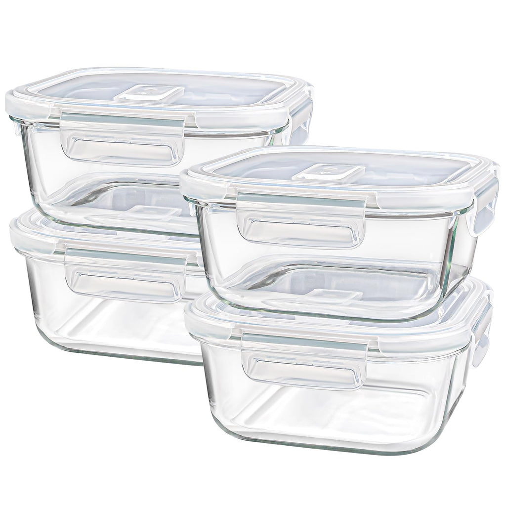 Glass Container Food Storage 24 oz, 3 Cup Small Glass Containers with Lids, Oven Safe Food Storage Containers, Freezer Containers for Kitchen, Take Out and To Go, Soup Container for Food Prep, 4 Pack