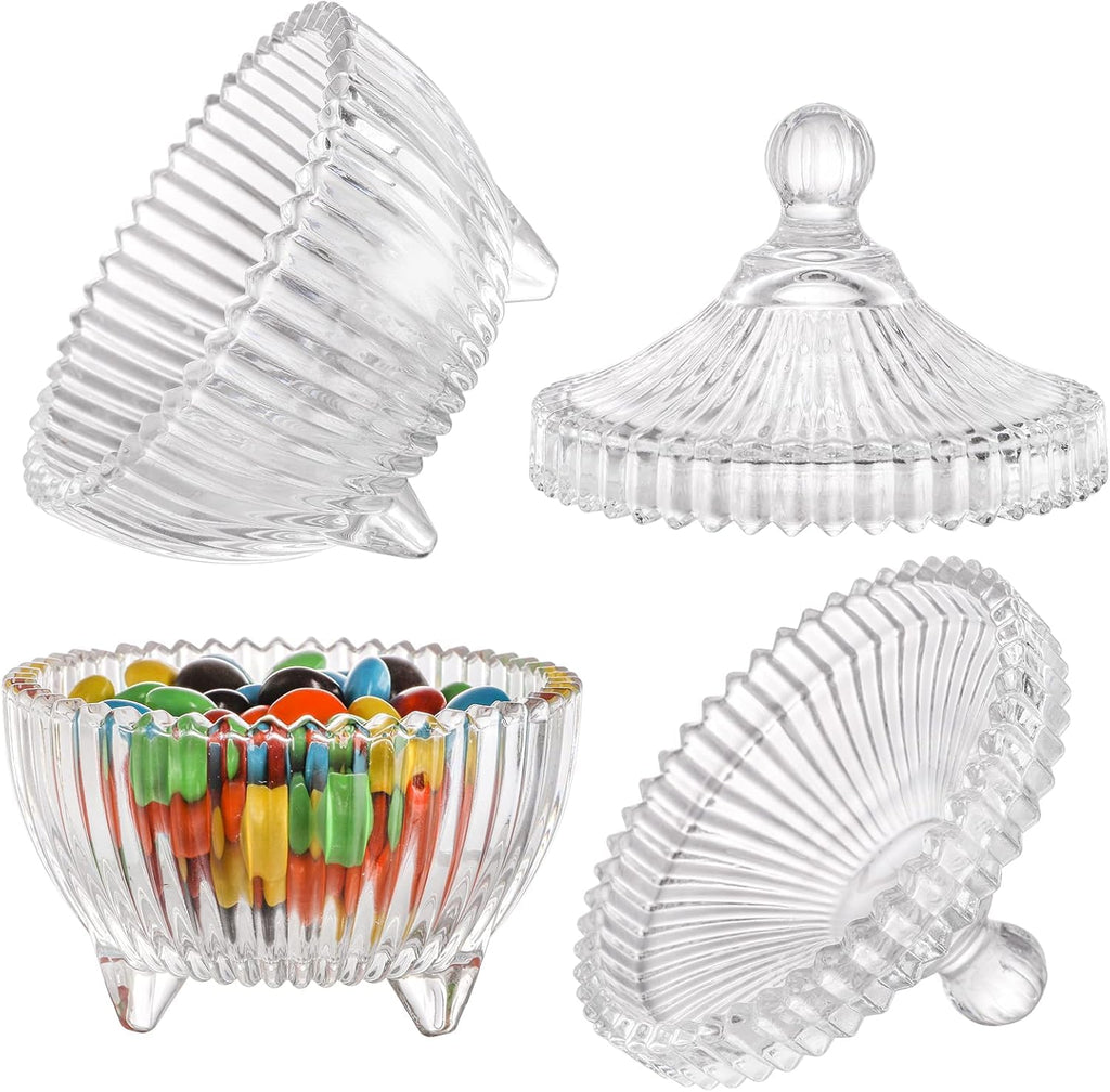 YOUEON Set of 4 Glass Covered Candy Dish with Lid, Crystal Candy Jar Clear Decorative Glass Jars Sugar Dish for Candy Buffet, Party, Wedding, Countertop, 4 Styles