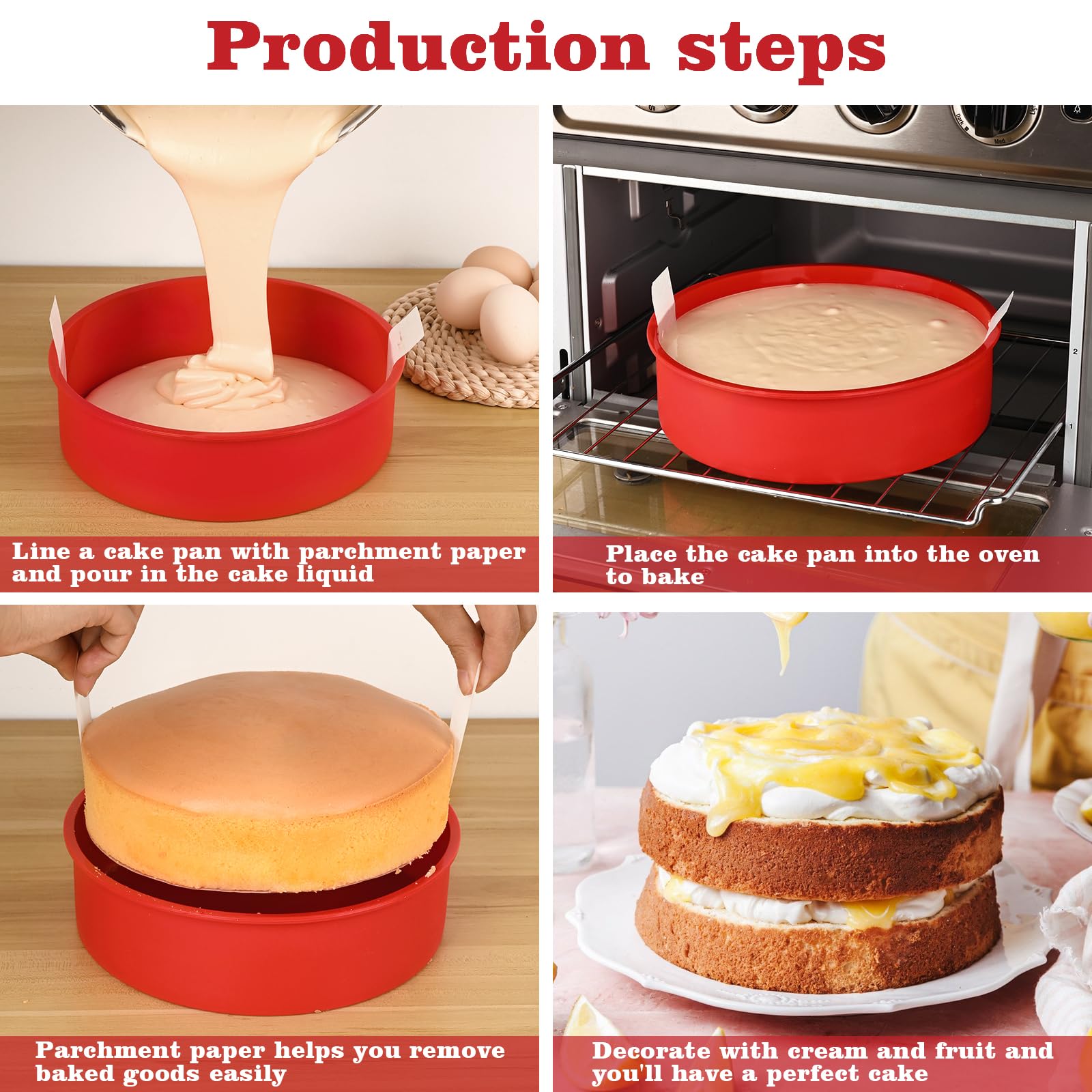 HUAKENER 6 Inch Round Cake Pan, 3 Pack Silicone Cake Molds with 100 Pieces Parchment Paper, Nonstick Cake Molds for Smash Cakes, Layer Cakes, Cheese Caks, Chocolate Cakes
