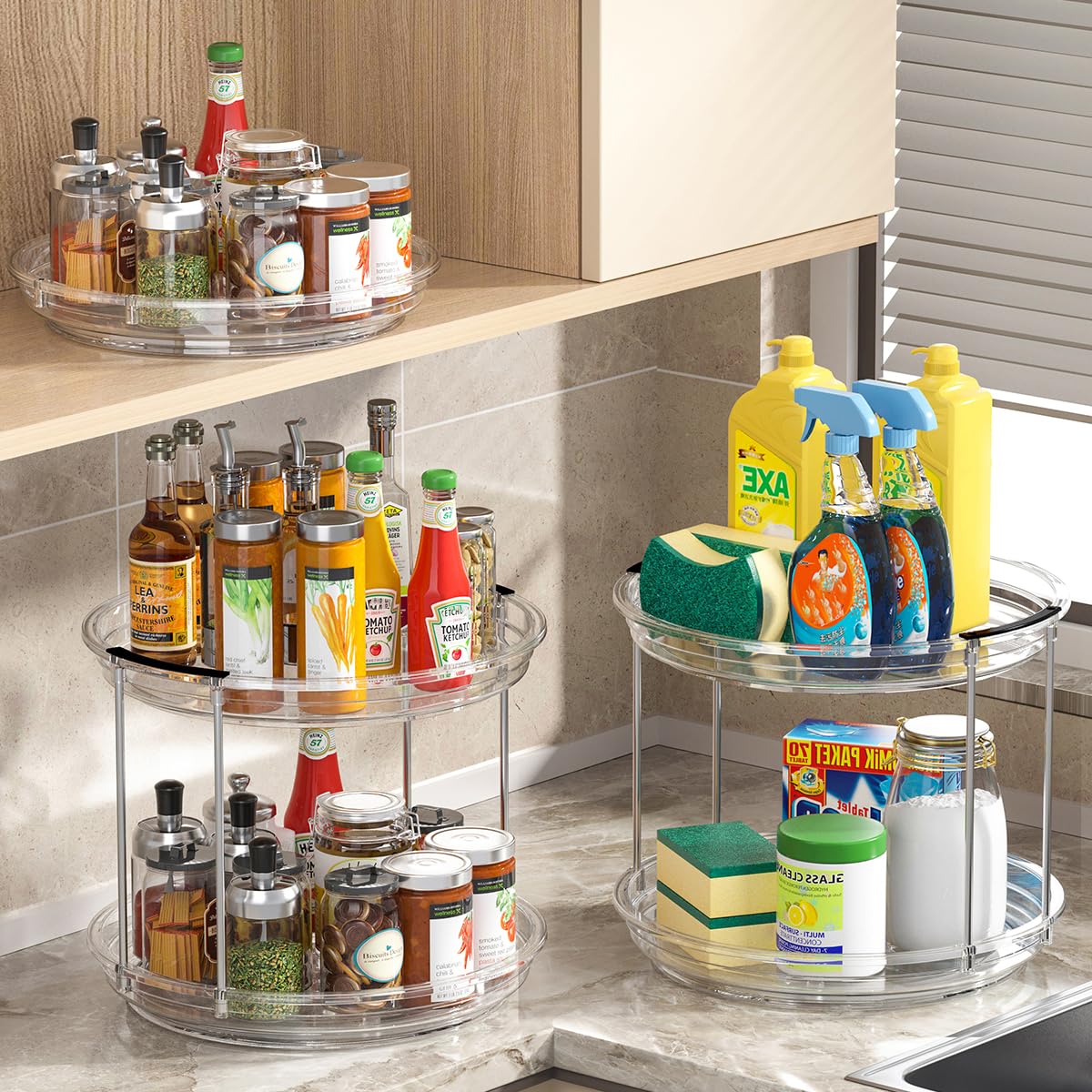 KEGFRES Lazy Susan 2 Tier Organizer Turntable Organization for Cabinet, Rotating Spice Rack Kitchen,Pantry, Bathroom,Makeup Vanity Countertop, Under Sink Organizing(Clear, 9.25in-1Pack)