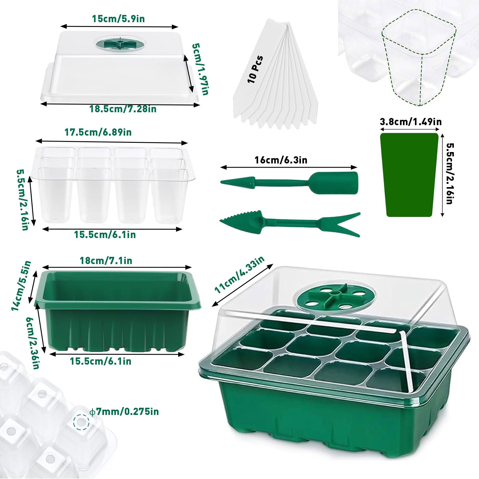 Seed Trays, 5 Pack Plant Seed Starter Tray with Humidity Domes, 60 Cells Total + Planting Tools & Labels, Reusable Indoor Seedling Germination Kit