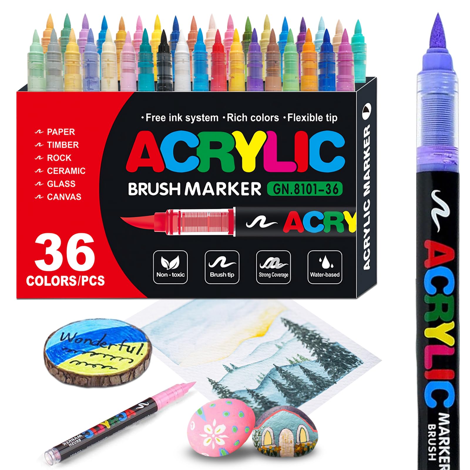 36 Colors Acrylic Paint Markers, Soft Brush Tip Acrylic Paint Pens, Waterproof Coloring Art Markers for Wood, Metal, Ceramic, Fabric, Stone, Egg, Rock Painting and DIY Art Crafting