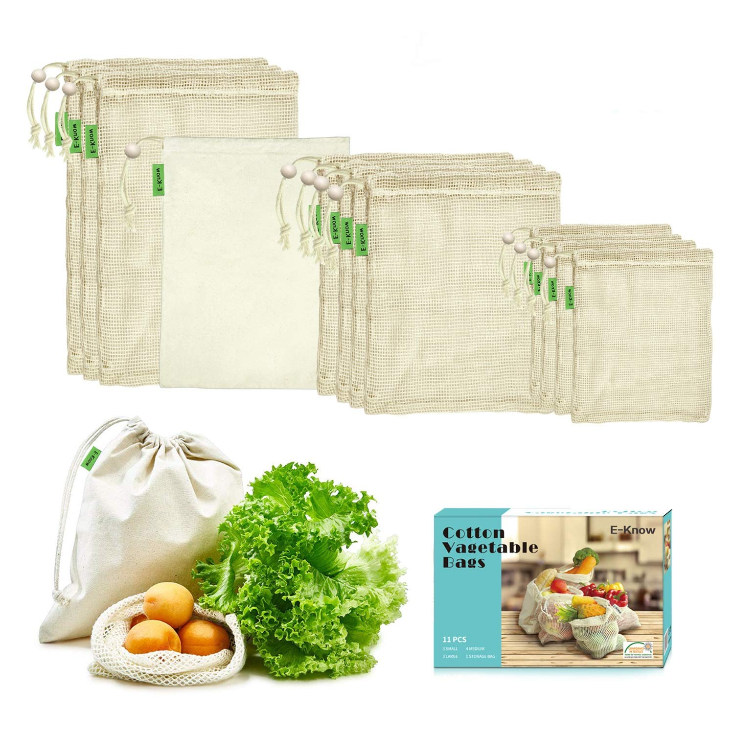 E-Know Produce Bags,11 Pack Reusable Produce Bags,Natural Mesh Cotton, Zero-Waste Produce Bags,Durable Double-Stitched Seams 3 Small,4 Medium, 3 Large,1 Storage Bag